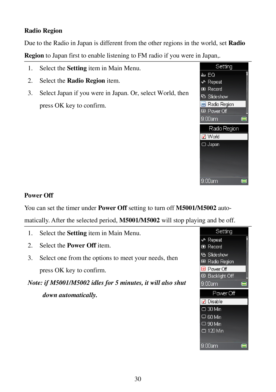 RCA M5002, M5001 user manual Radio Region, Power Off 