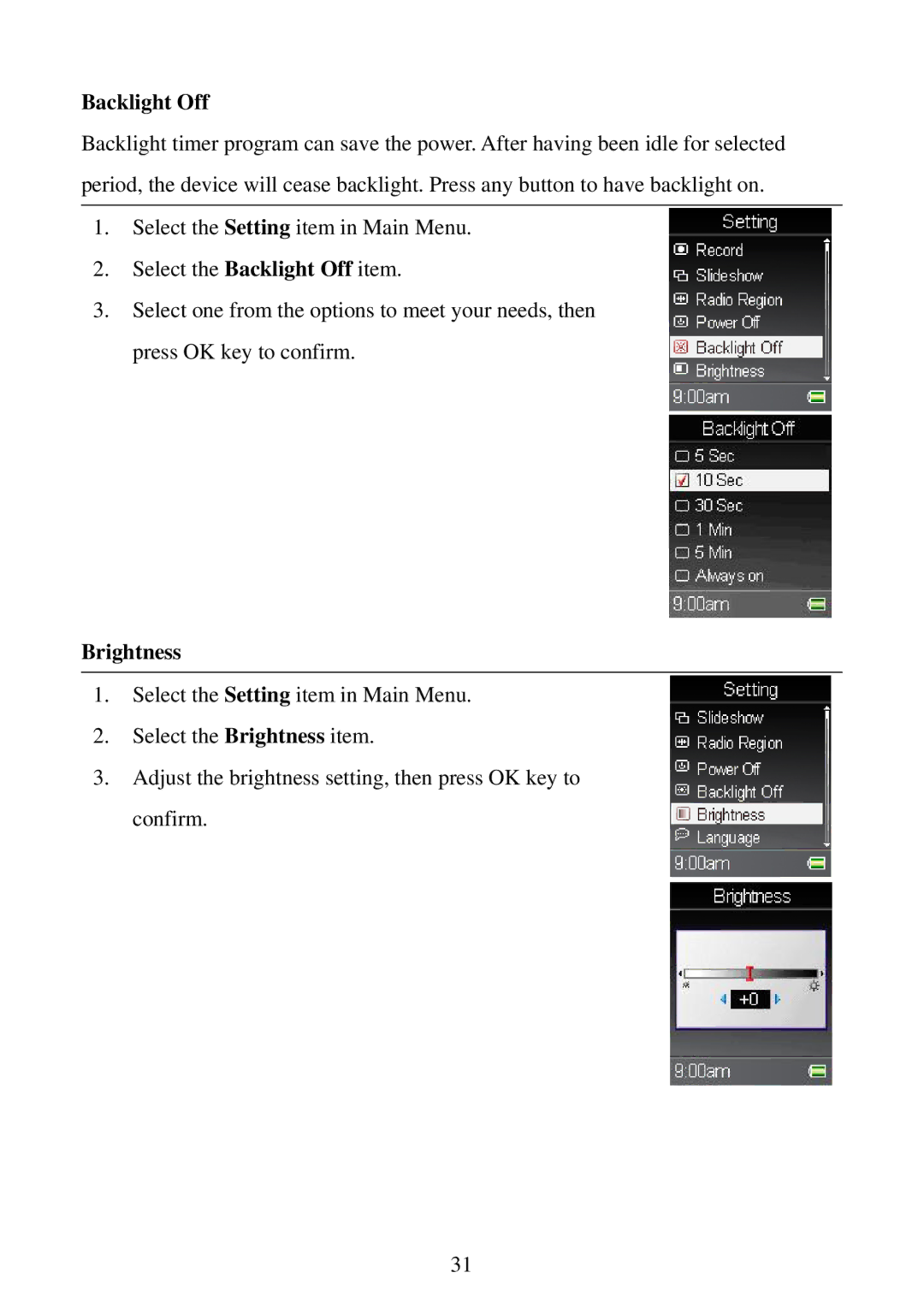 RCA M5001, M5002 user manual Backlight Off, Brightness 