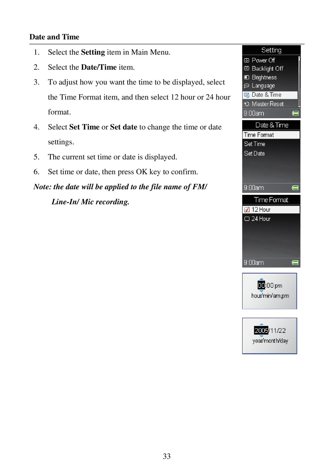 RCA M5001, M5002 user manual Date and Time, Line-In/ Mic recording 