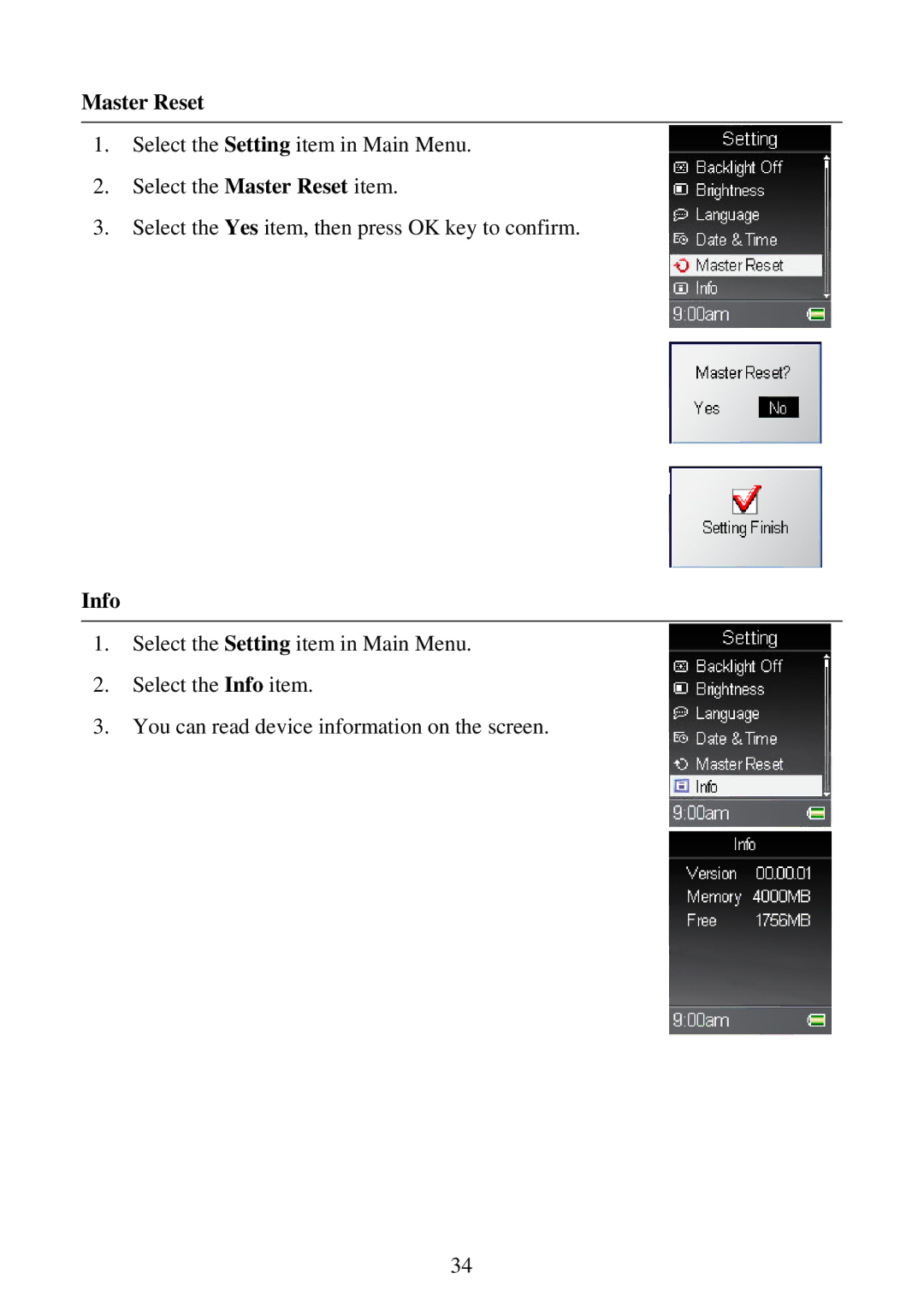 RCA M5002, M5001 user manual Master Reset, Info 