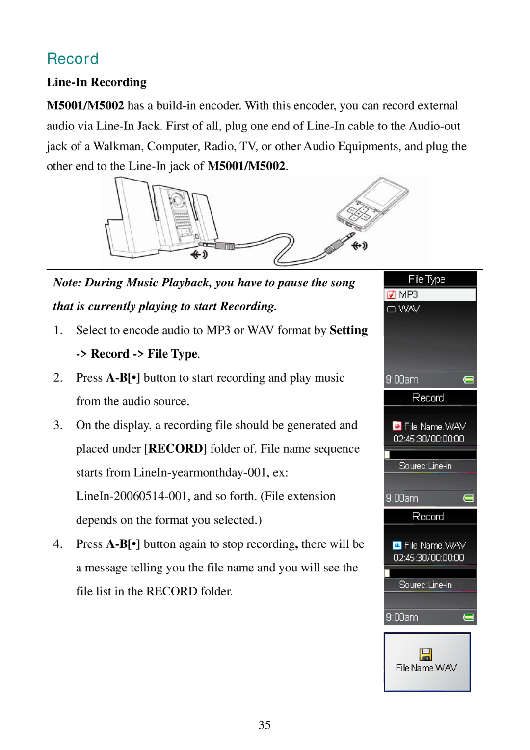 RCA M5001, M5002 user manual Line-In Recording 