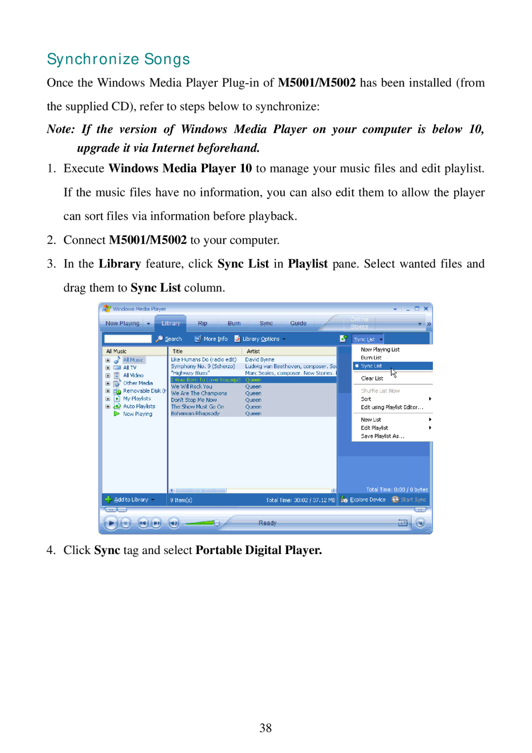 RCA M5002, M5001 user manual Synchronize Songs, Click Sync tag and select Portable Digital Player 