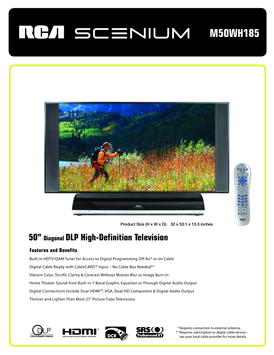 RCA M50WH185 manual Diagonal DLP High-Definition Television 