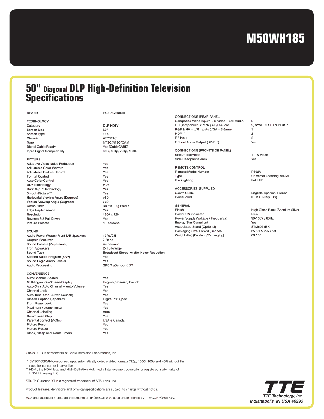 RCA M50WH185 manual Diagonal DLP High-Definition Television Specifications 