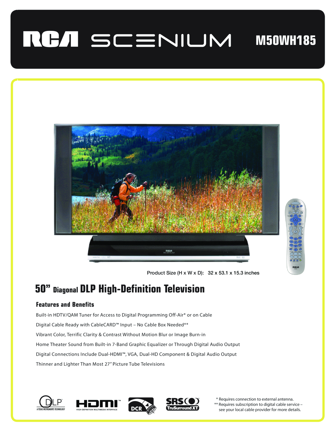 RCA M50WH185 manual 50” Diagonal DLP High-Definition Television, Features and Benefits 
