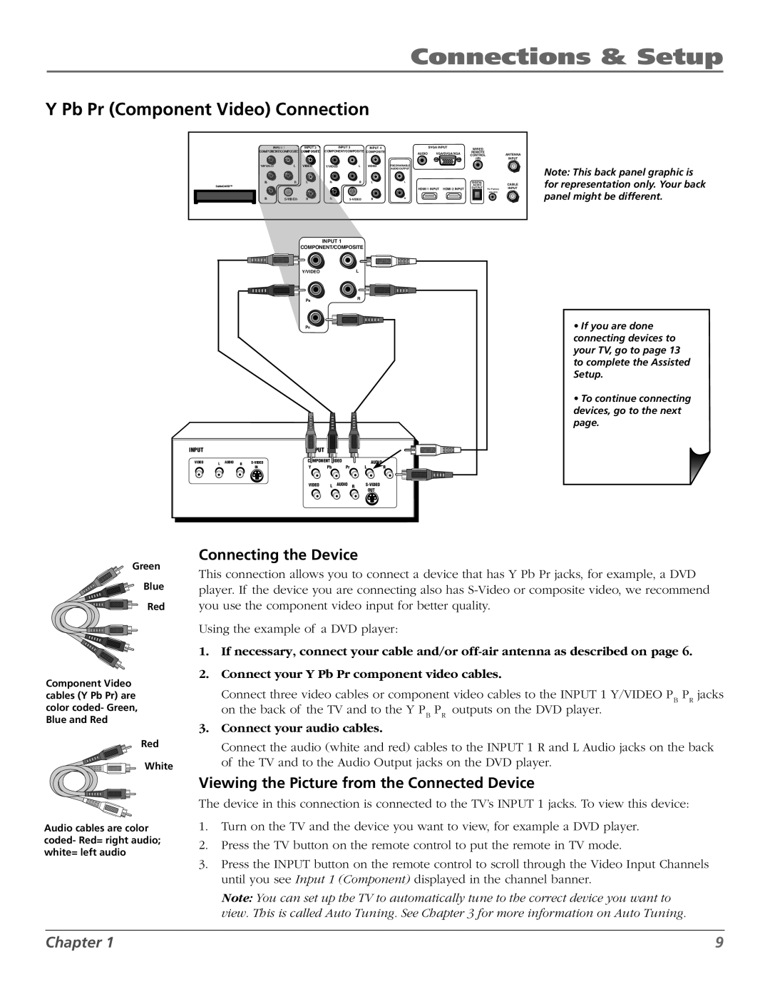 RCA M50WH186 manual Pb Pr Component Video Connection, Connecting the Device, Viewing the Picture from the Connected Device 