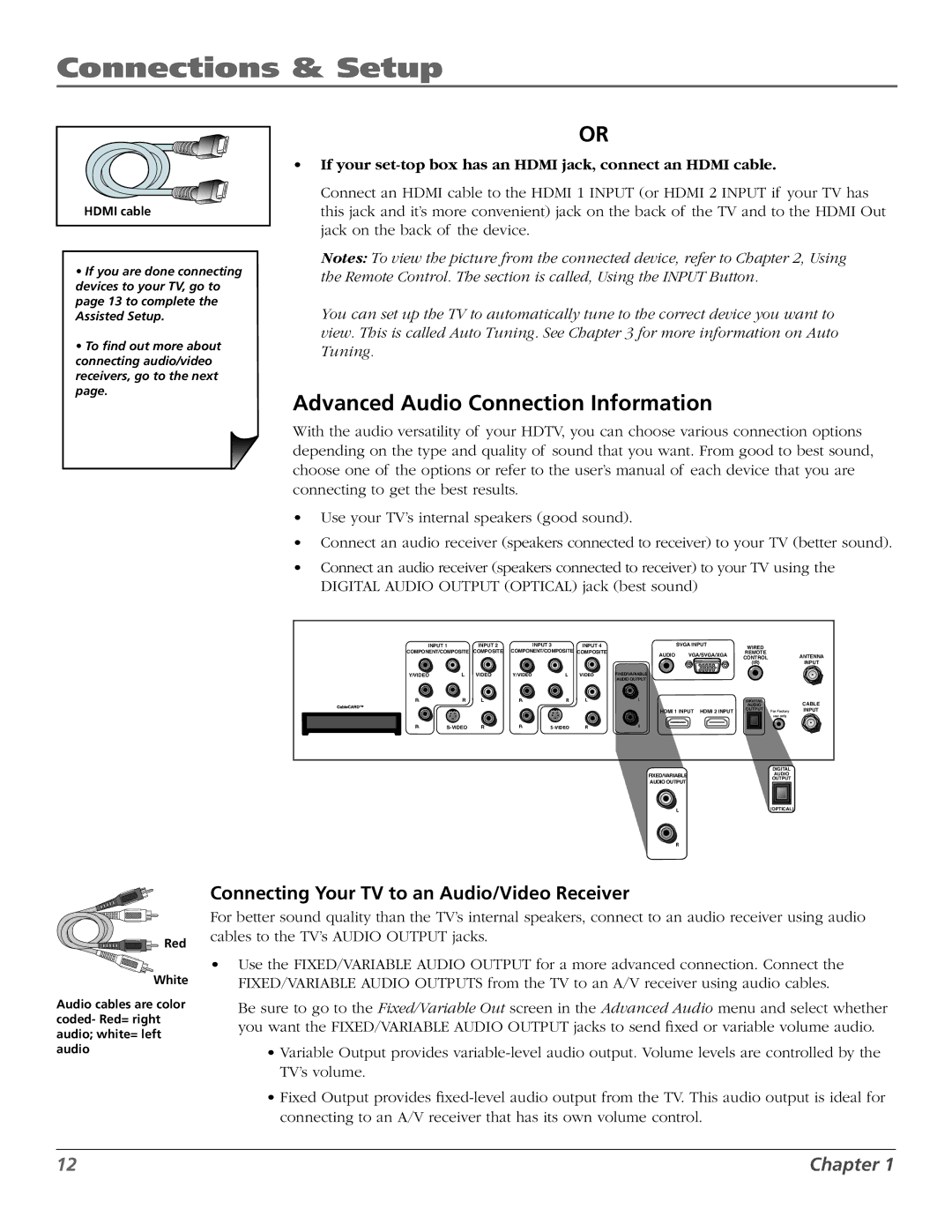 RCA M50WH186 manual Advanced Audio Connection Information, Connecting Your TV to an Audio/Video Receiver 