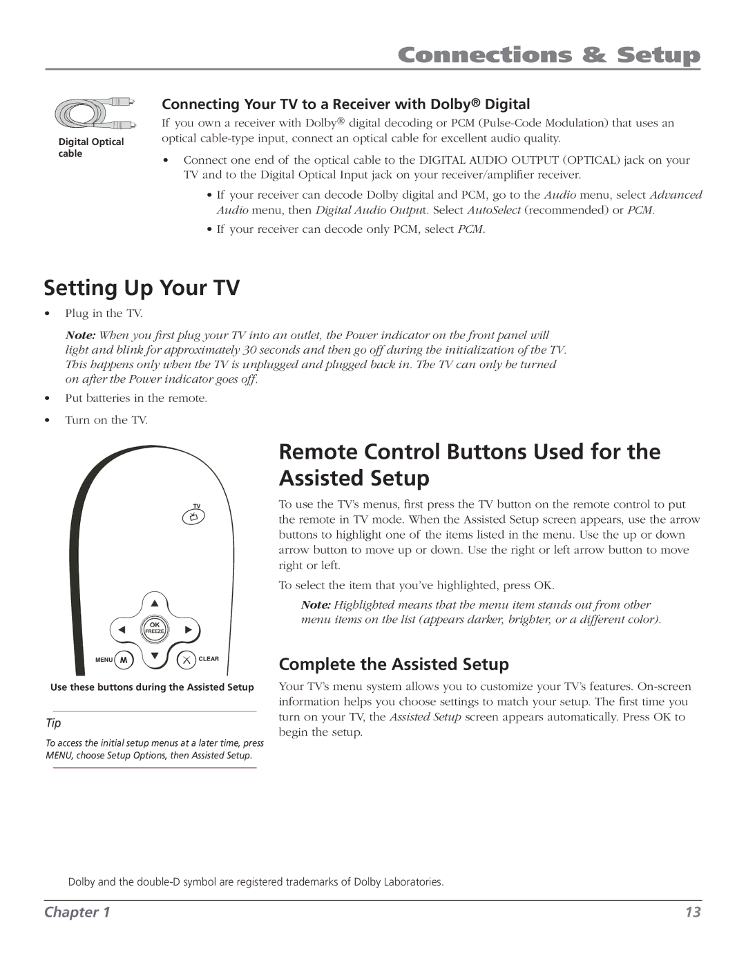 RCA M50WH186 manual Setting Up Your TV, Remote Control Buttons Used for the Assisted Setup, Complete the Assisted Setup 