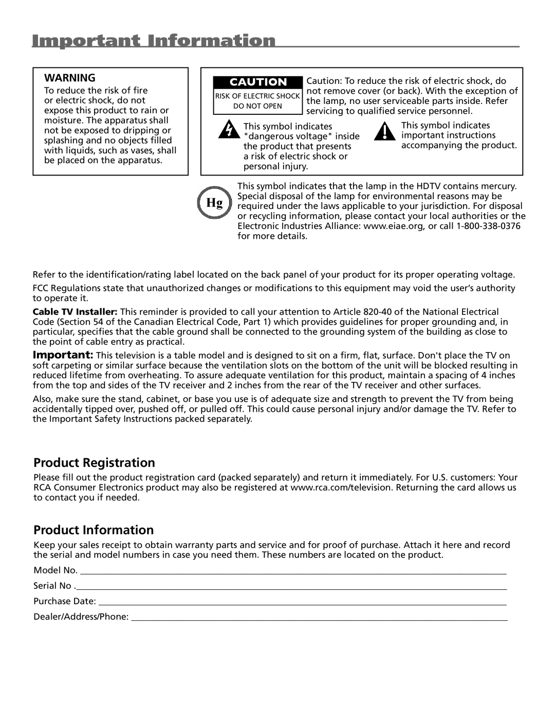 RCA M50WH186 manual Important Information, Product Registration Product Information 