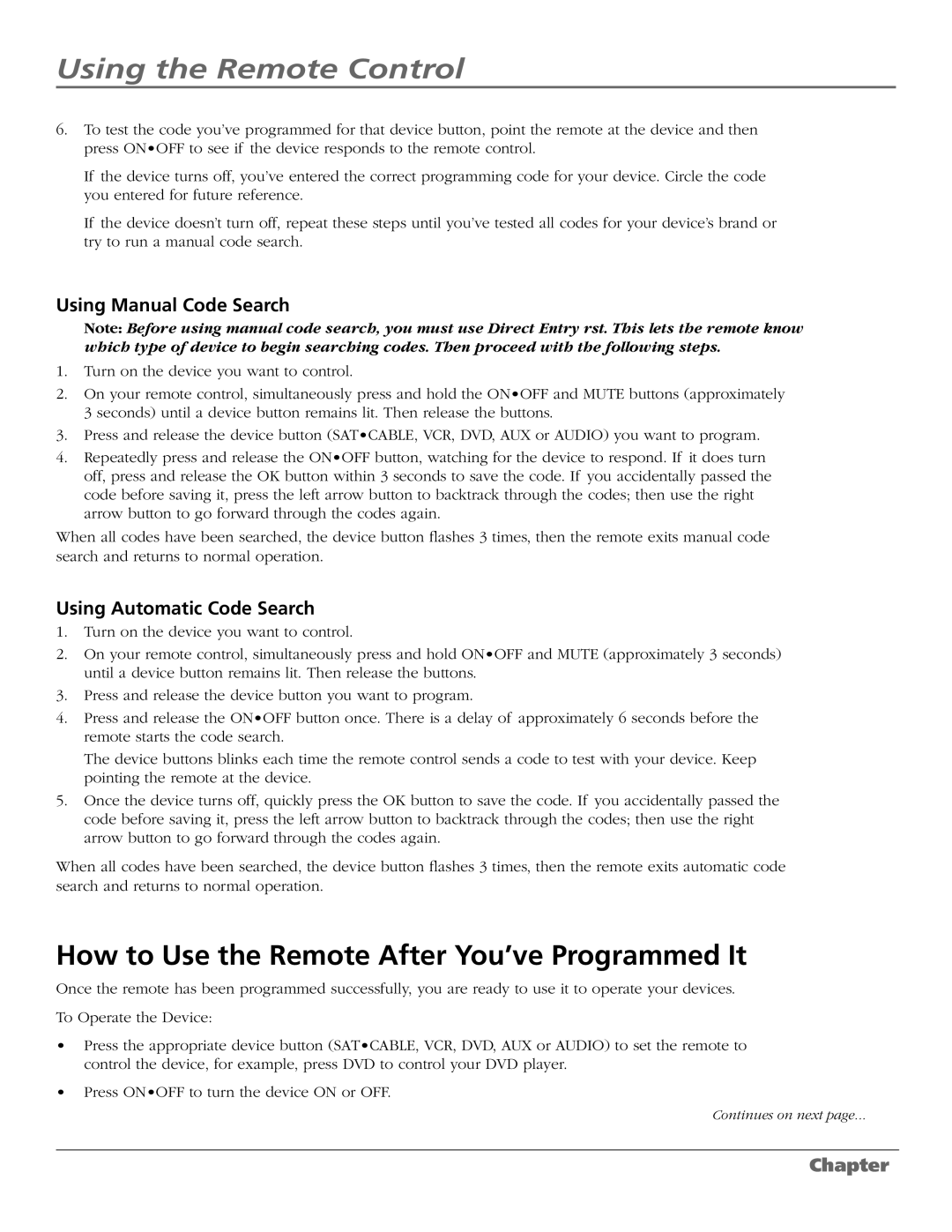 RCA M50WH186 manual How to Use the Remote After You’ve Programmed It, Using Manual Code Search, Using Automatic Code Search 