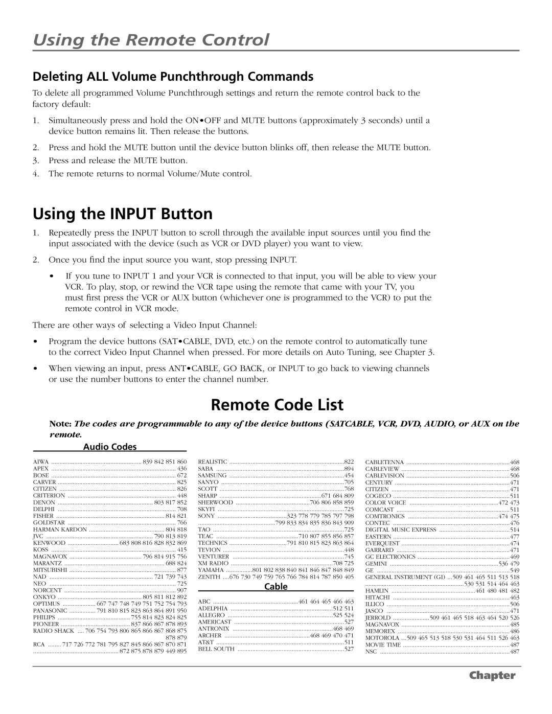 RCA M50WH186 manual Using the Input Button, Remote Code List, Deleting ALL Volume Punchthrough Commands, Audio Codes, Cable 