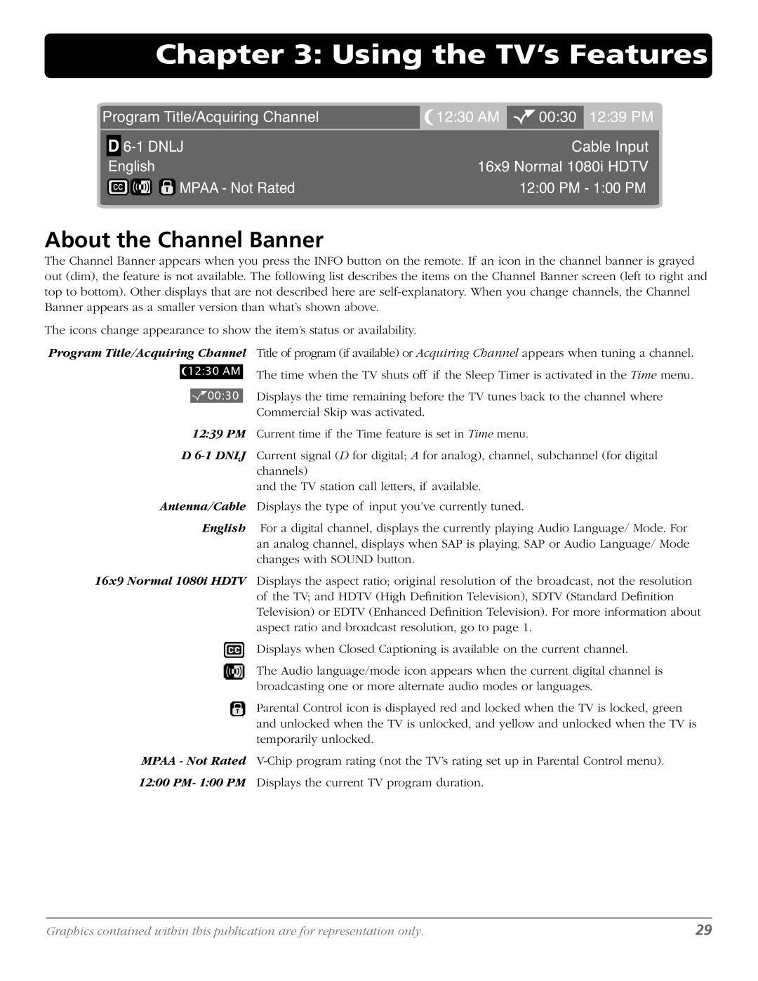 RCA M50WH186 manual Using the TV’s Features, About the Channel Banner 