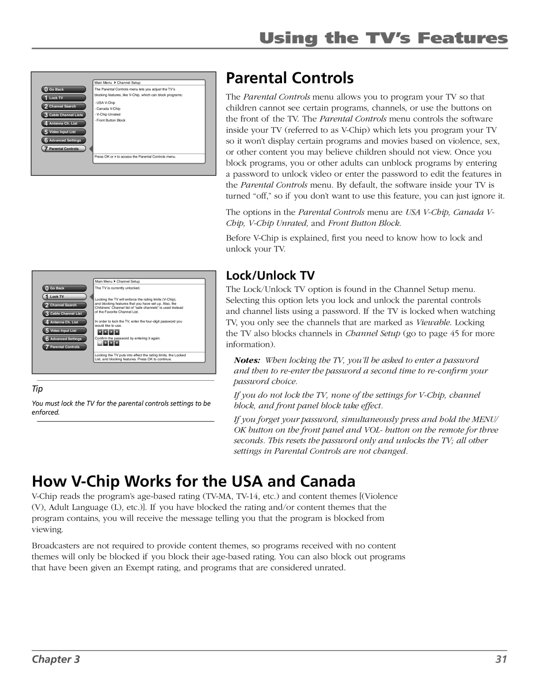 RCA M50WH186 manual Parental Controls, How V-Chip Works for the USA and Canada, Lock/Unlock TV 