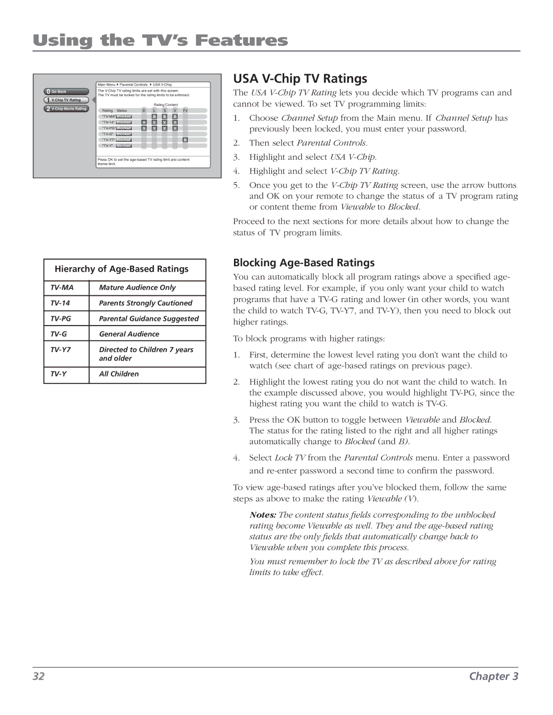 RCA M50WH186 manual USA V-Chip TV Ratings, Blocking Age-Based Ratings, Hierarchy of Age-Based Ratings 