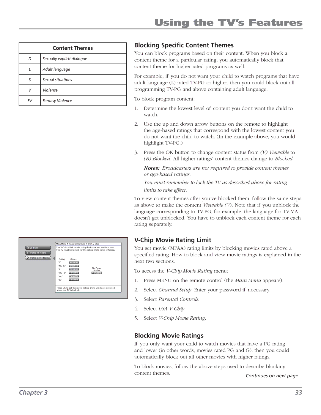 RCA M50WH186 manual Blocking Specific Content Themes, Chip Movie Rating Limit, Blocking Movie Ratings, Movies 