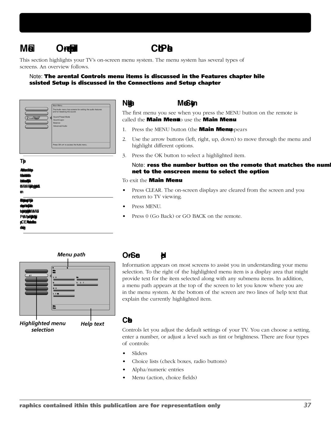 RCA M50WH186 manual Menus, On-screen Help, and Control Panels, Navigating the Menu System, On-Screen Help, Controls 