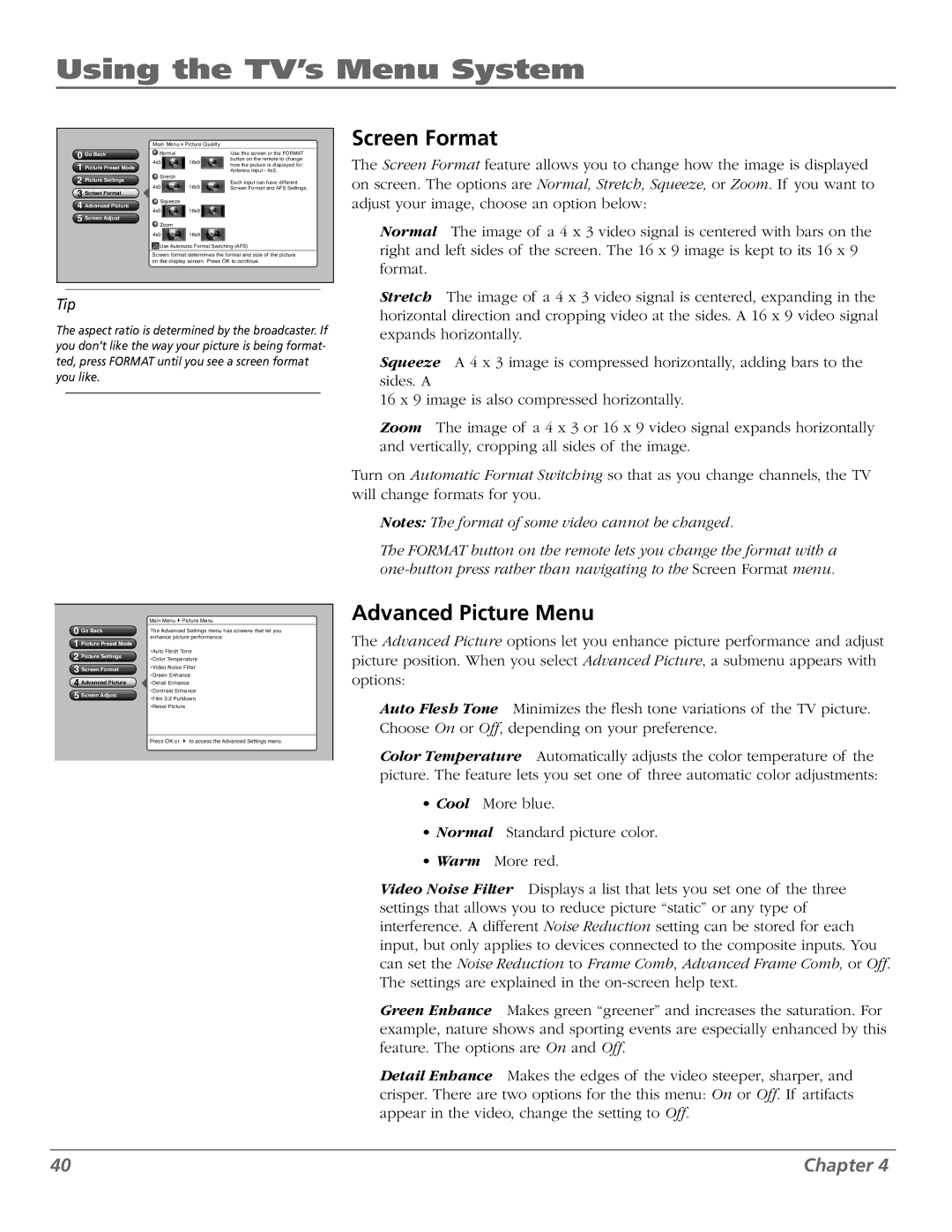 RCA M50WH186 manual Screen Format, Advanced Picture Menu, Go Back Picture Preset Mode Picture Settings 