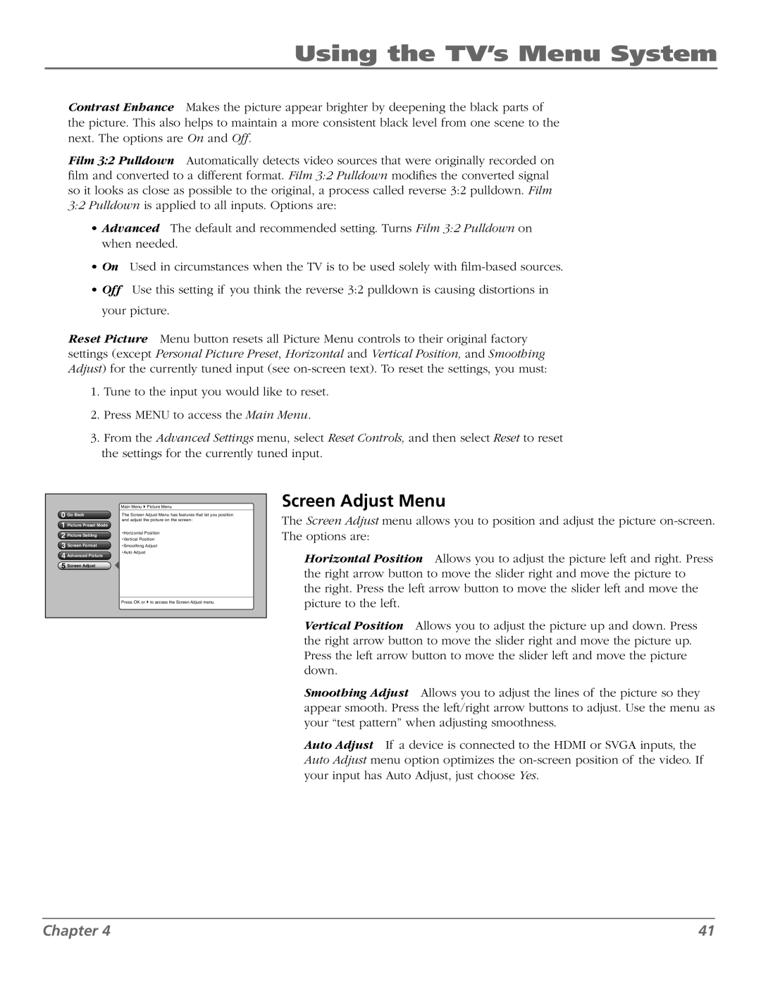 RCA M50WH186 manual Screen Adjust Menu 