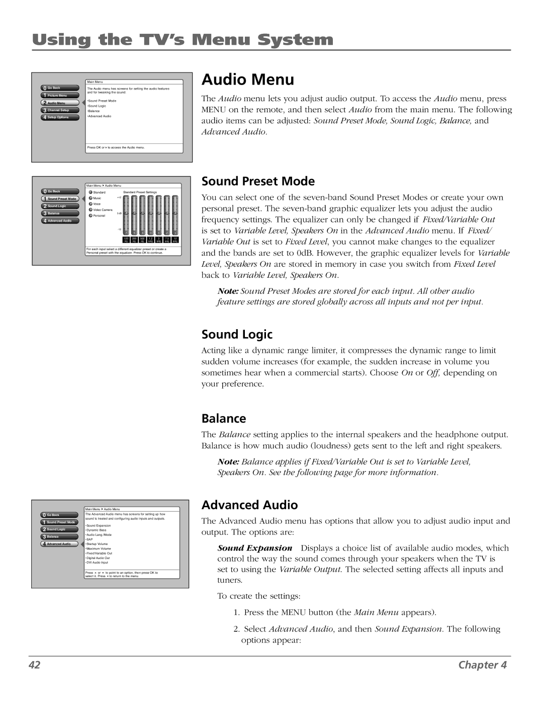 RCA M50WH186 manual Audio Menu, Sound Preset Mode, Sound Logic, Balance, Advanced Audio 