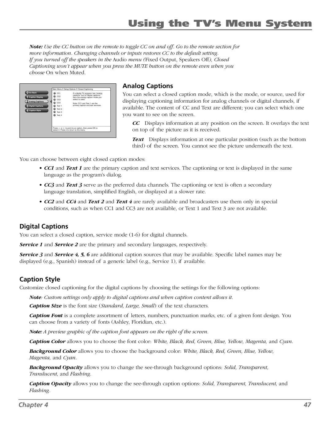 RCA M50WH186 manual Analog Captions, Go Back Caption Display, Digital Captions Caption Style 