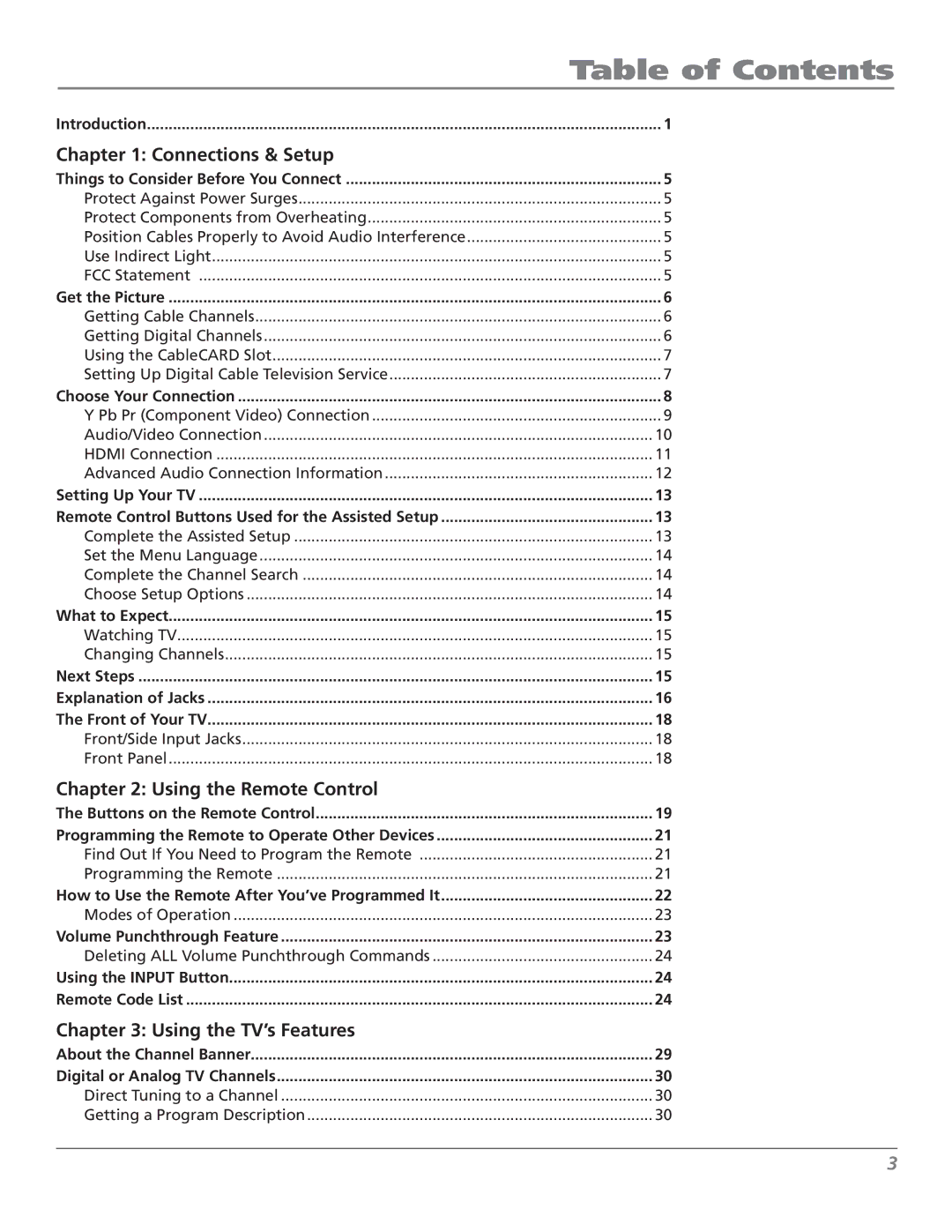 RCA M50WH186 manual Table of Contents 