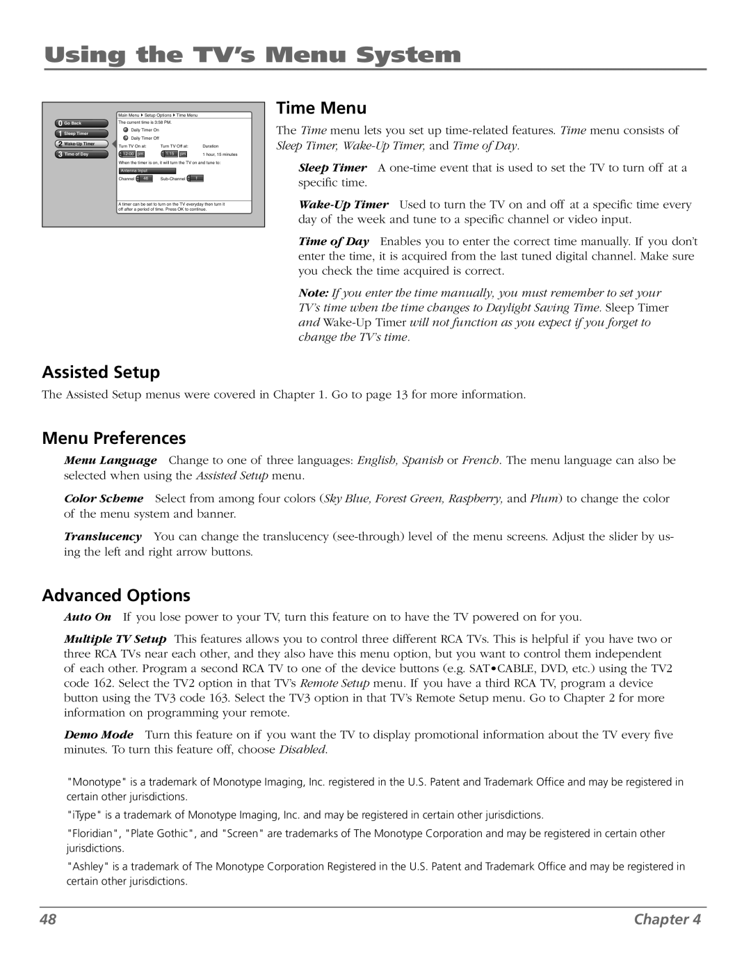 RCA M50WH186 manual Time Menu, Assisted Setup, Menu Preferences, Advanced Options 