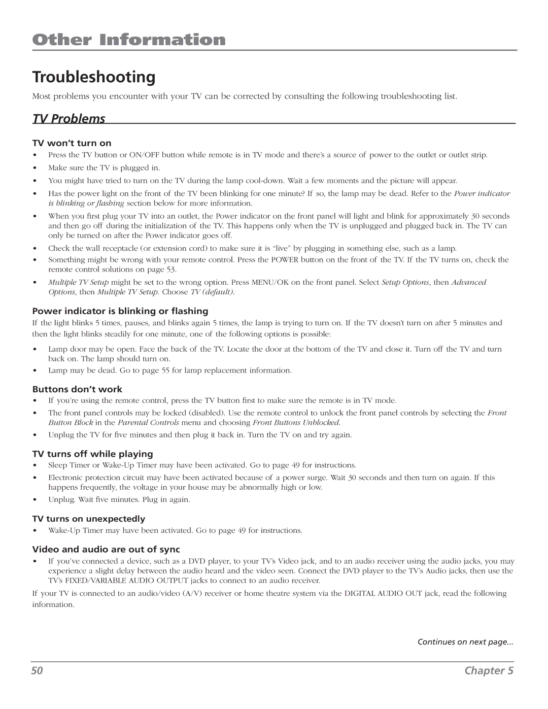 RCA M50WH186 manual Other Information, Troubleshooting 