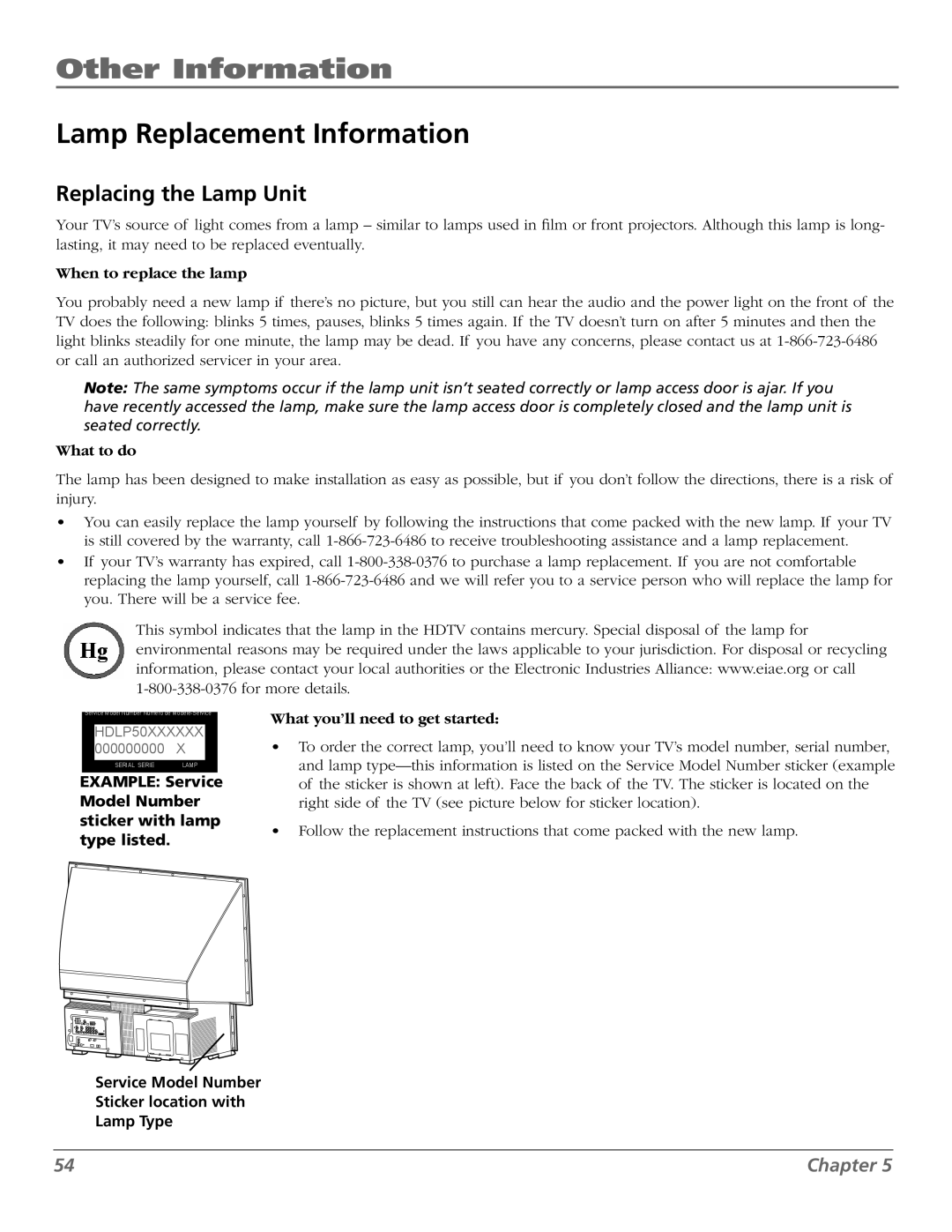 RCA M50WH186 Lamp Replacement Information, Replacing the Lamp Unit, Service Model Number Sticker location with Lamp Type 