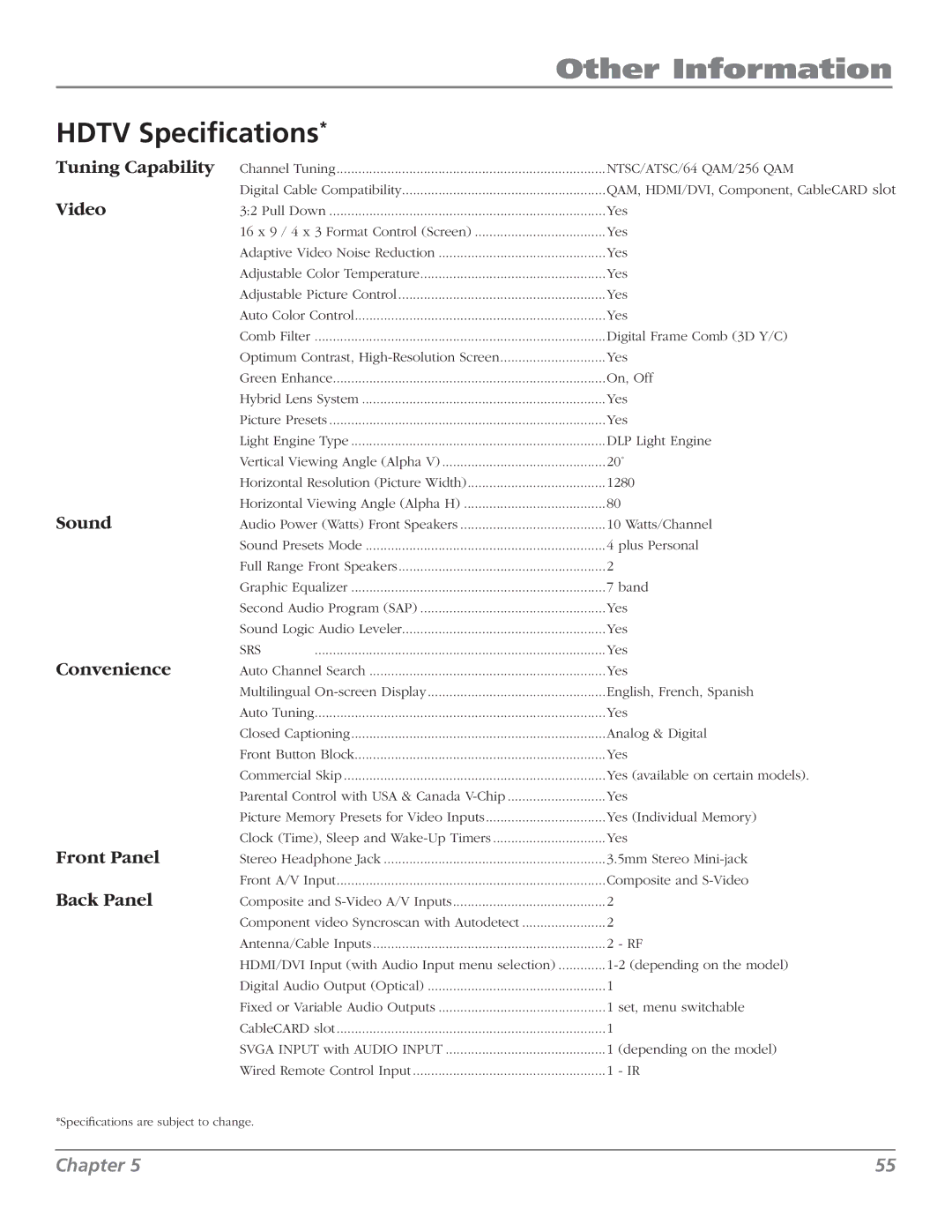 RCA M50WH186 manual Hdtv Specifications, NTSC/ATSC/64 QAM/256 QAM 