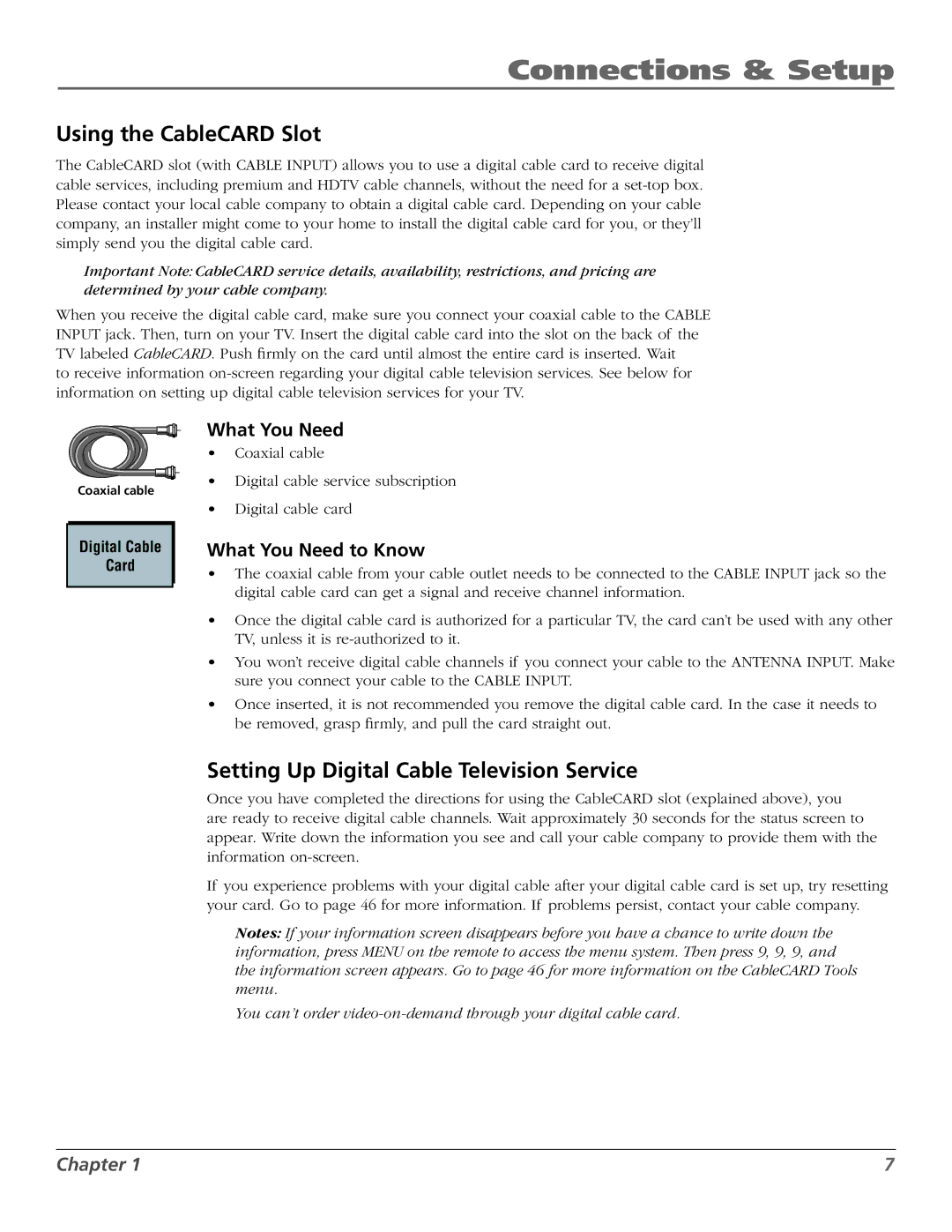 RCA M50WH186 manual Using the CableCARD Slot, Setting Up Digital Cable Television Service 