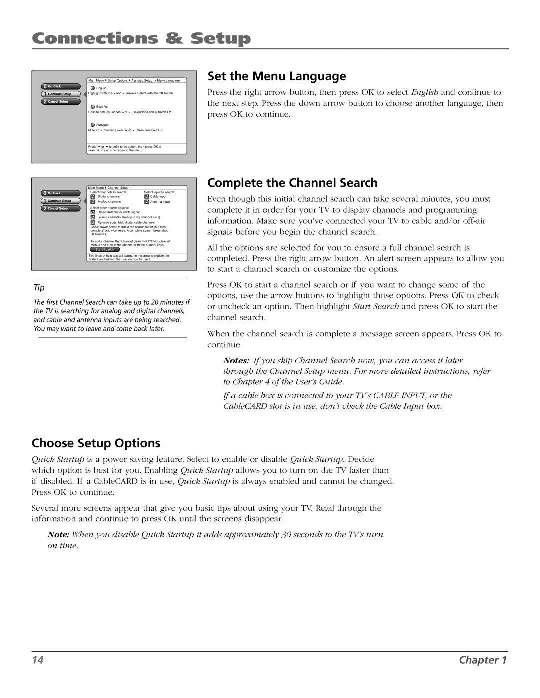 RCA M50WH187 manual Set the Menu Language, Complete the Channel Search, Choose Setup Options 