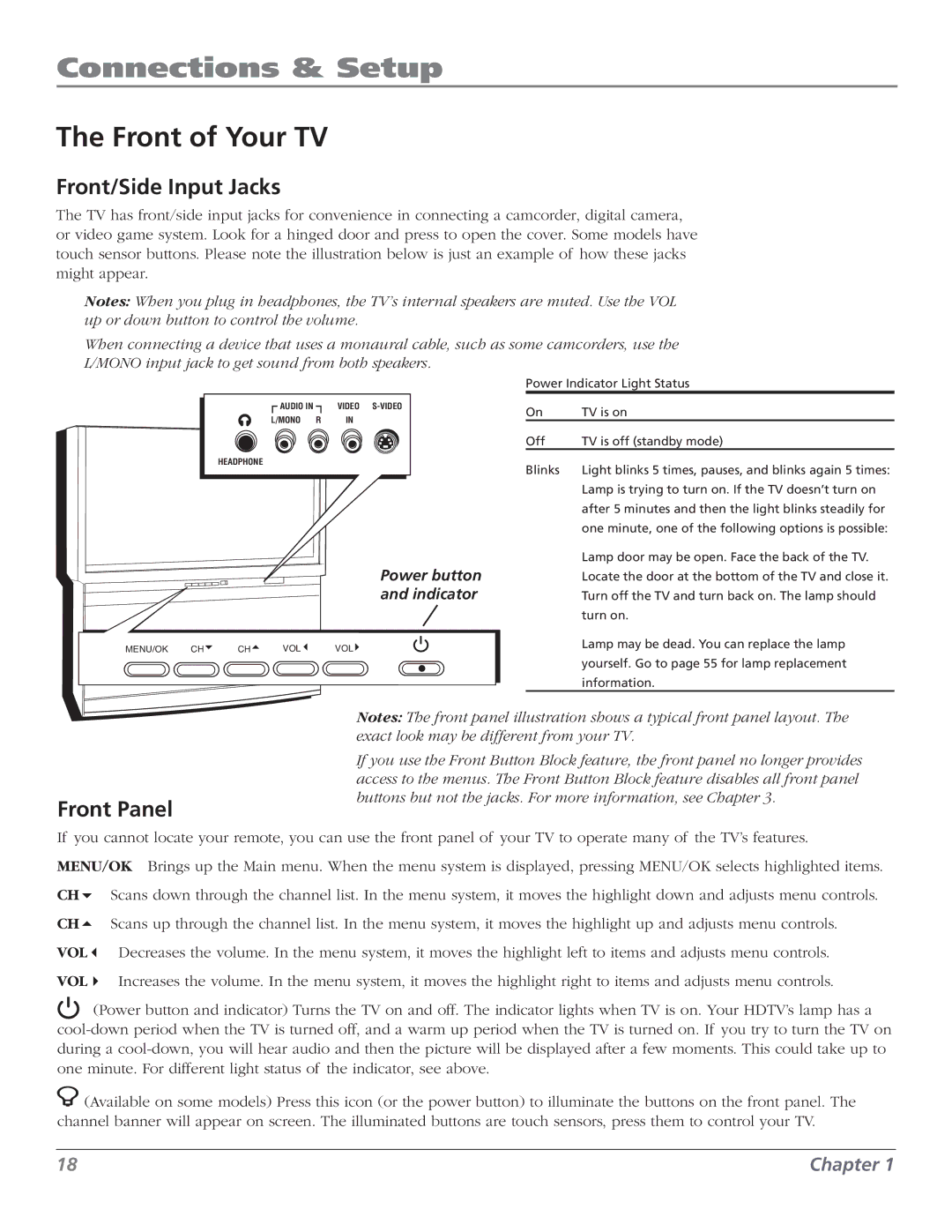 RCA M50WH187 manual Front of Your TV, Front/Side Input Jacks, Front Panel 