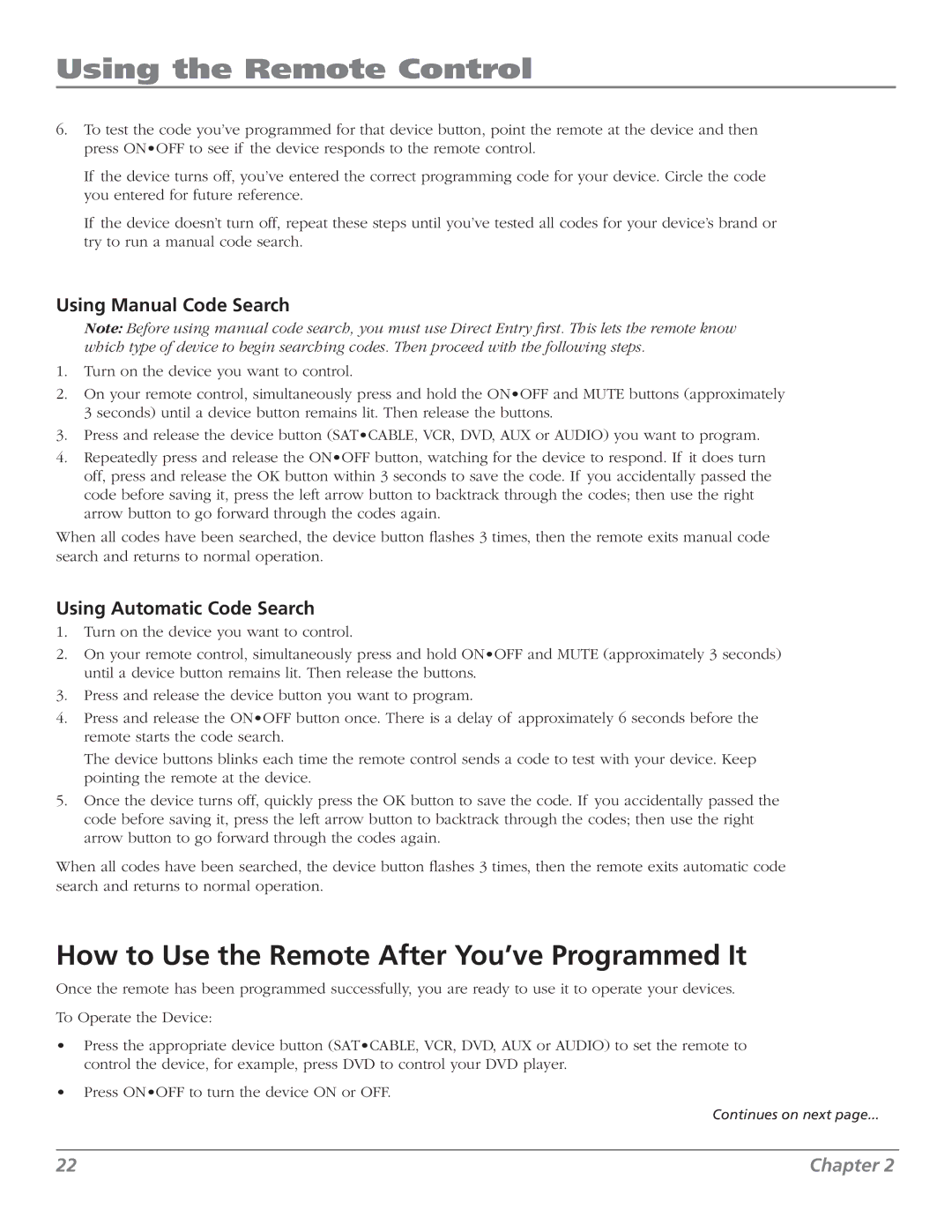 RCA M50WH187 manual How to Use the Remote After You’ve Programmed It, Using Manual Code Search, Using Automatic Code Search 