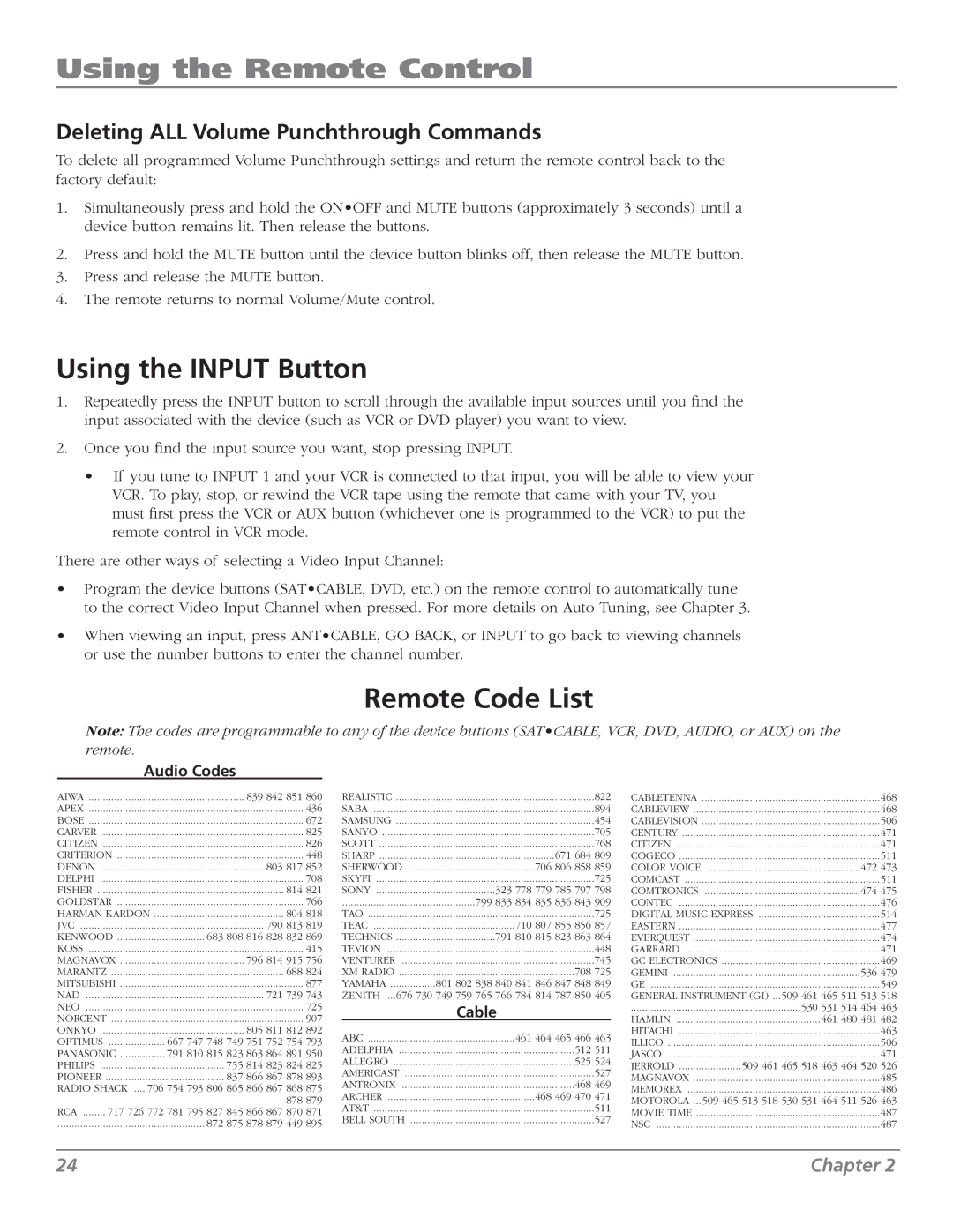 RCA M50WH187 manual Using the Input Button, Remote Code List, Deleting ALL Volume Punchthrough Commands, Audio Codes, Cable 