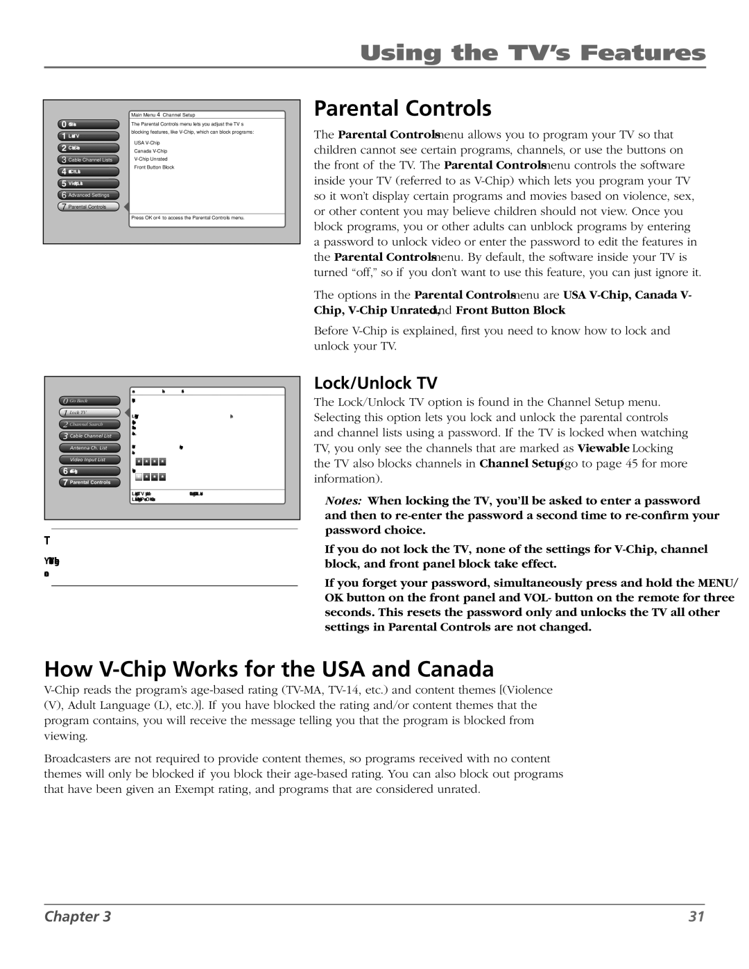 RCA M50WH187 manual Parental Controls, How V-Chip Works for the USA and Canada, Lock/Unlock TV 