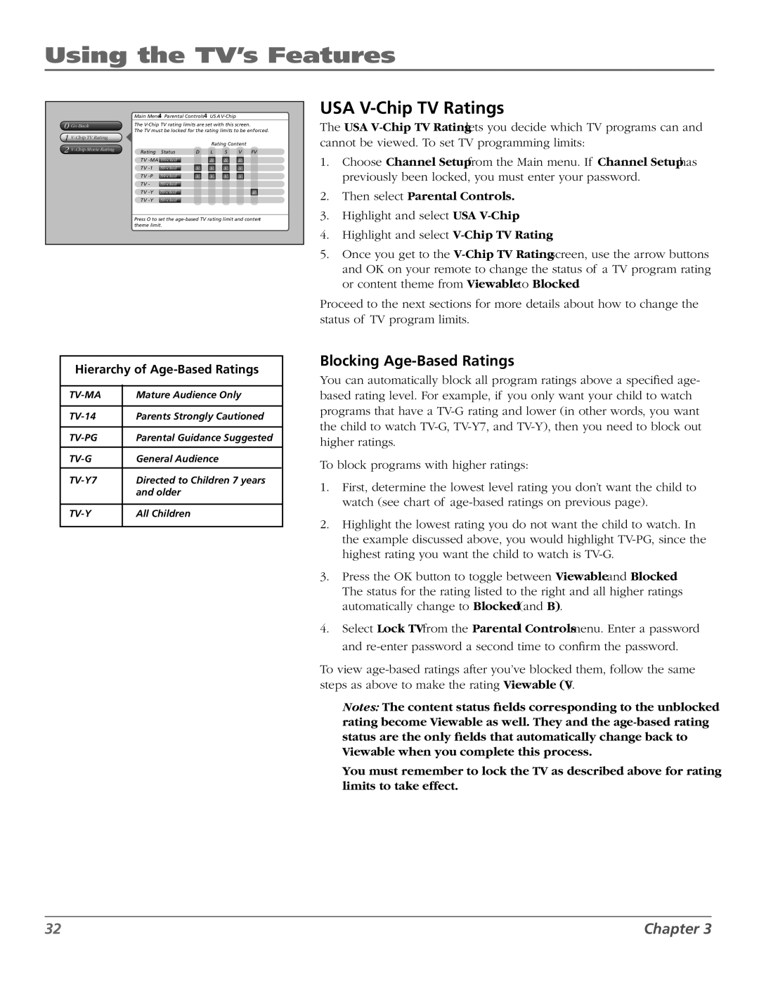 RCA M50WH187 manual USA V-Chip TV Ratings, Blocking Age-Based Ratings, Hierarchy of Age-Based Ratings 