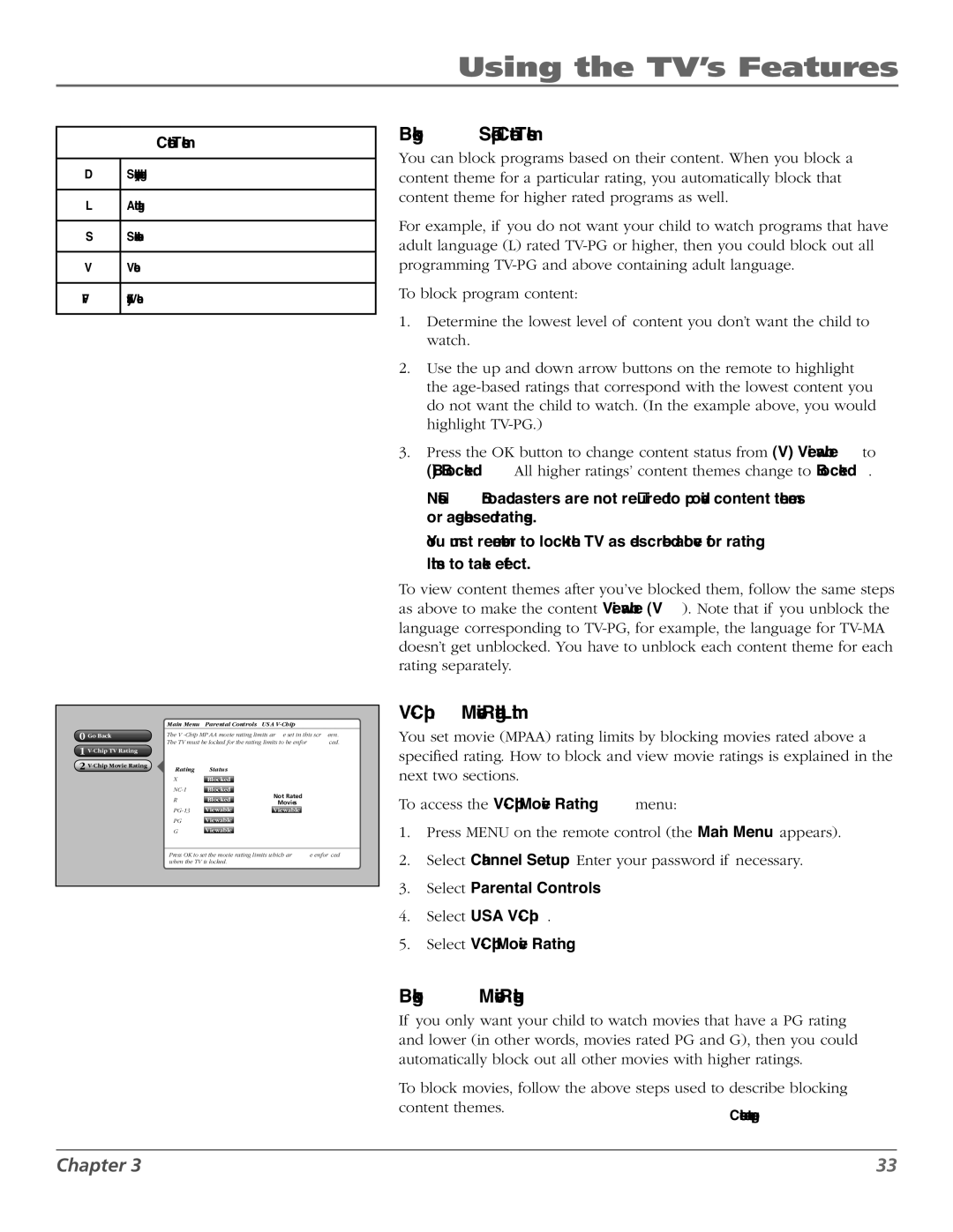 RCA M50WH187 manual Blocking Specific Content Themes, Chip Movie Rating Limit, Blocking Movie Ratings, Movies 