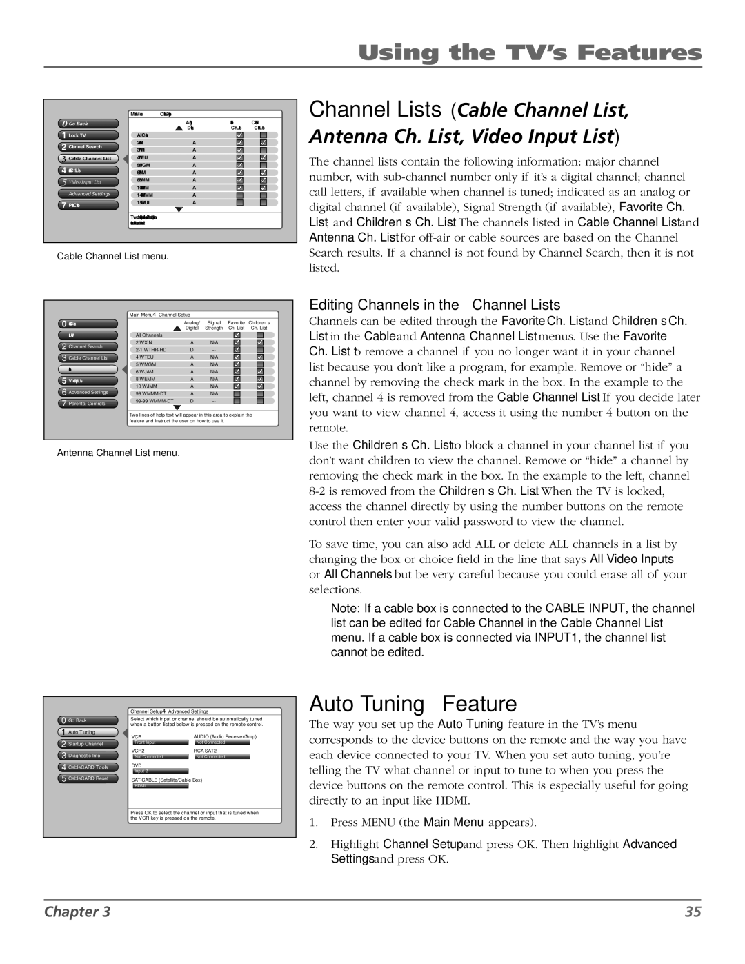 RCA M50WH187 manual Auto Tuning Feature, Editing Channels in the Channel Lists 