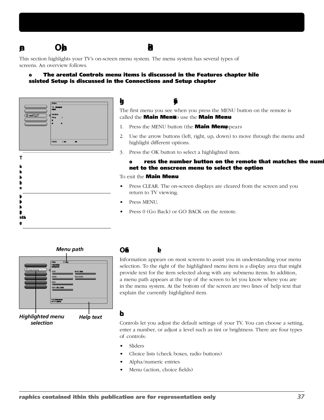 RCA M50WH187 manual Menus, On-screen Help, and Control Panels, Navigating the Menu System, On-Screen Help, Controls 