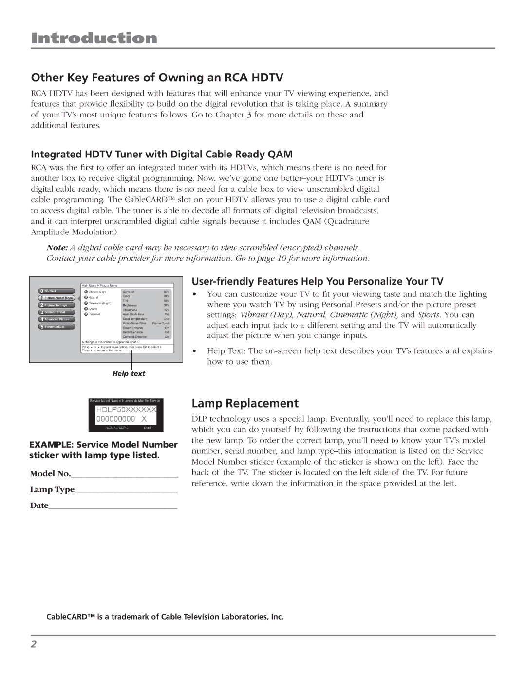 RCA M50WH187 manual Other Key Features of Owning an RCA Hdtv, Lamp Replacement 