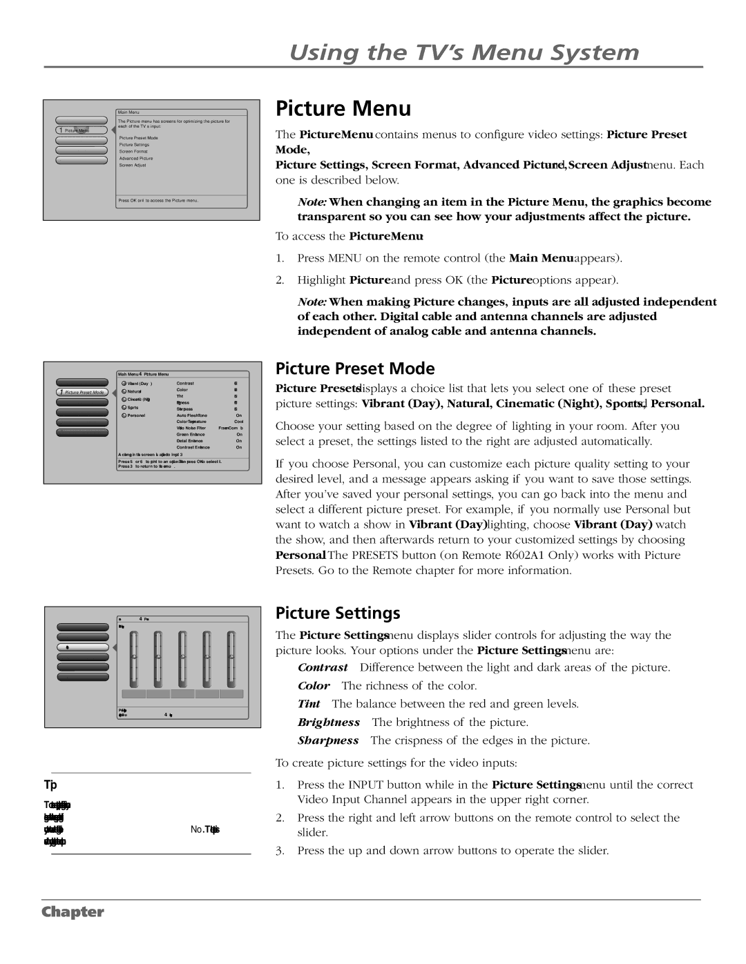 RCA M50WH187 manual Picture Menu, Picture Preset Mode, Picture Settings 