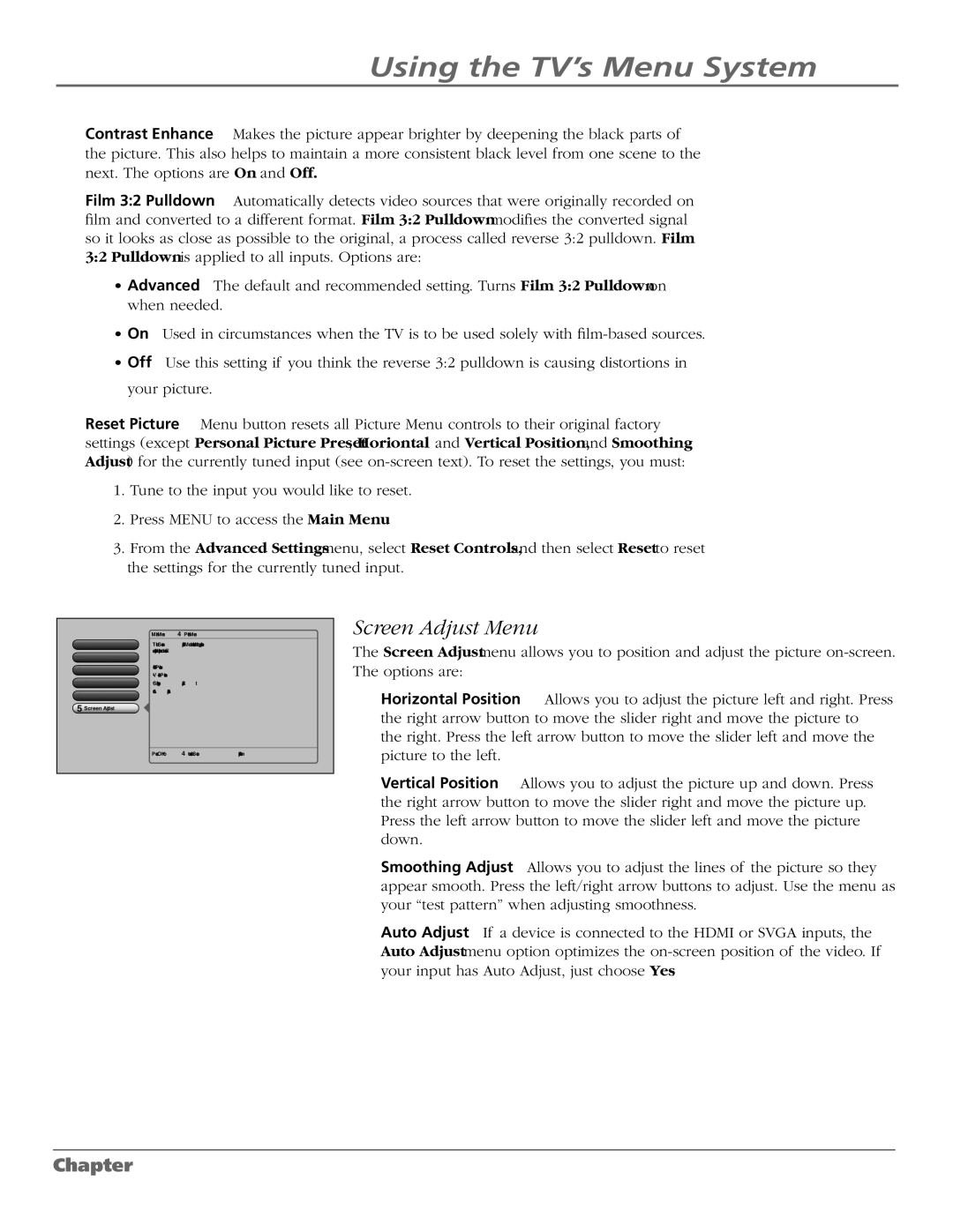 RCA M50WH187 manual Screen Adjust Menu 