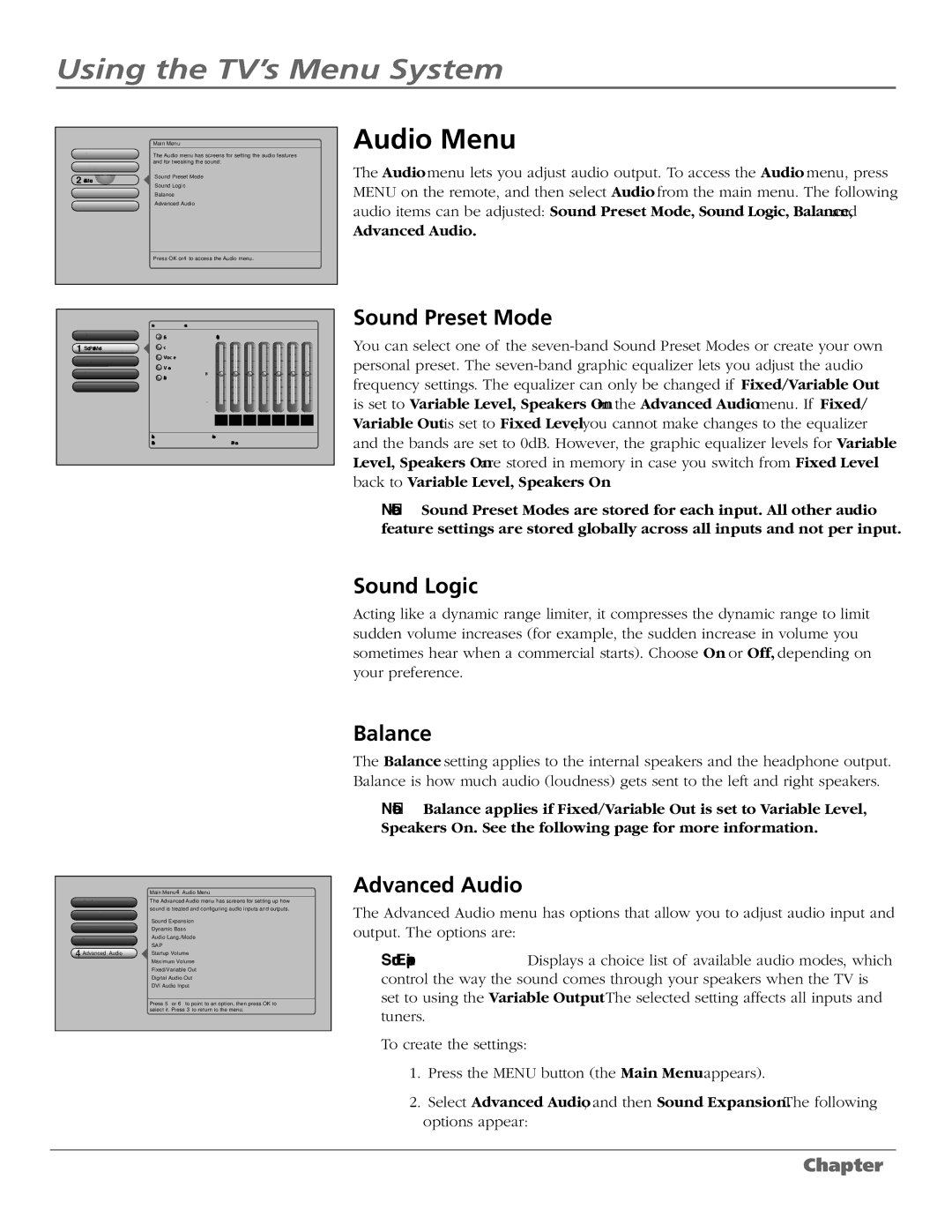 RCA M50WH187 manual Audio Menu, Sound Preset Mode, Sound Logic, Balance, Advanced Audio 