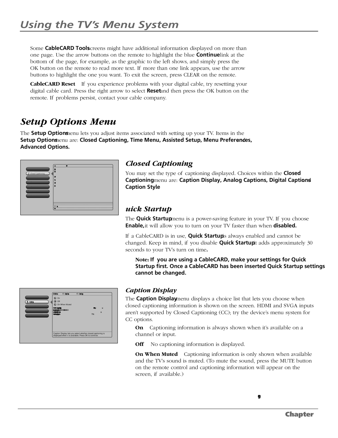 RCA M50WH187 manual Setup Options Menu, Closed Captioning, Quick Startup, Caption Display 