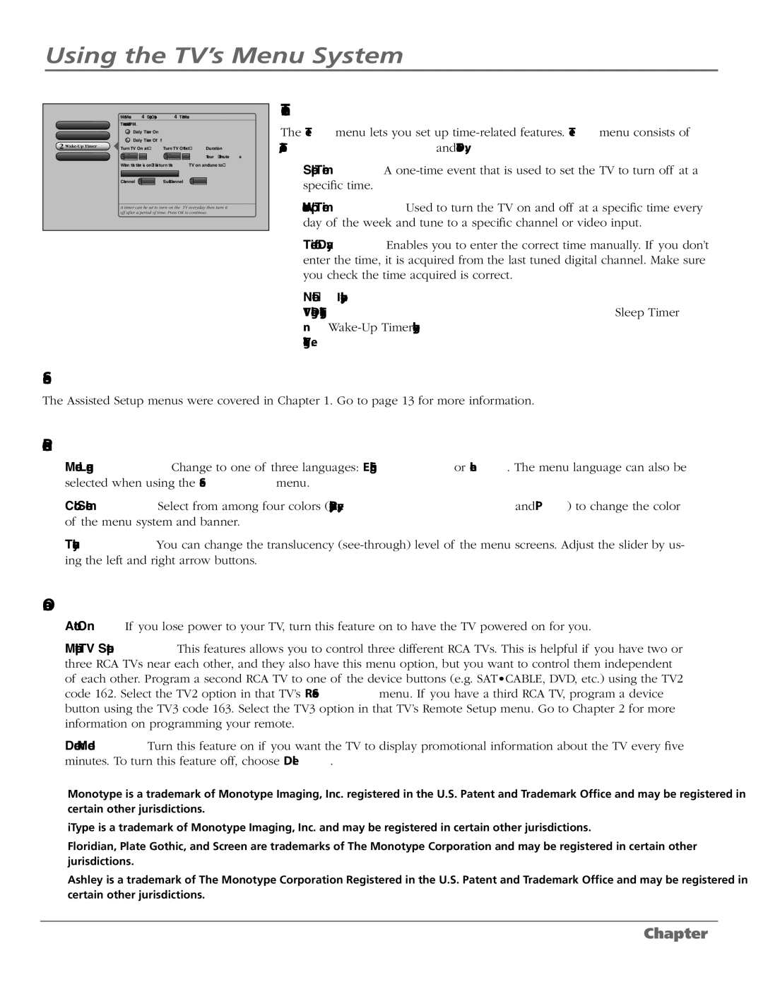 RCA M50WH187 manual Time Menu, Assisted Setup, Menu Preferences, Advanced Options 