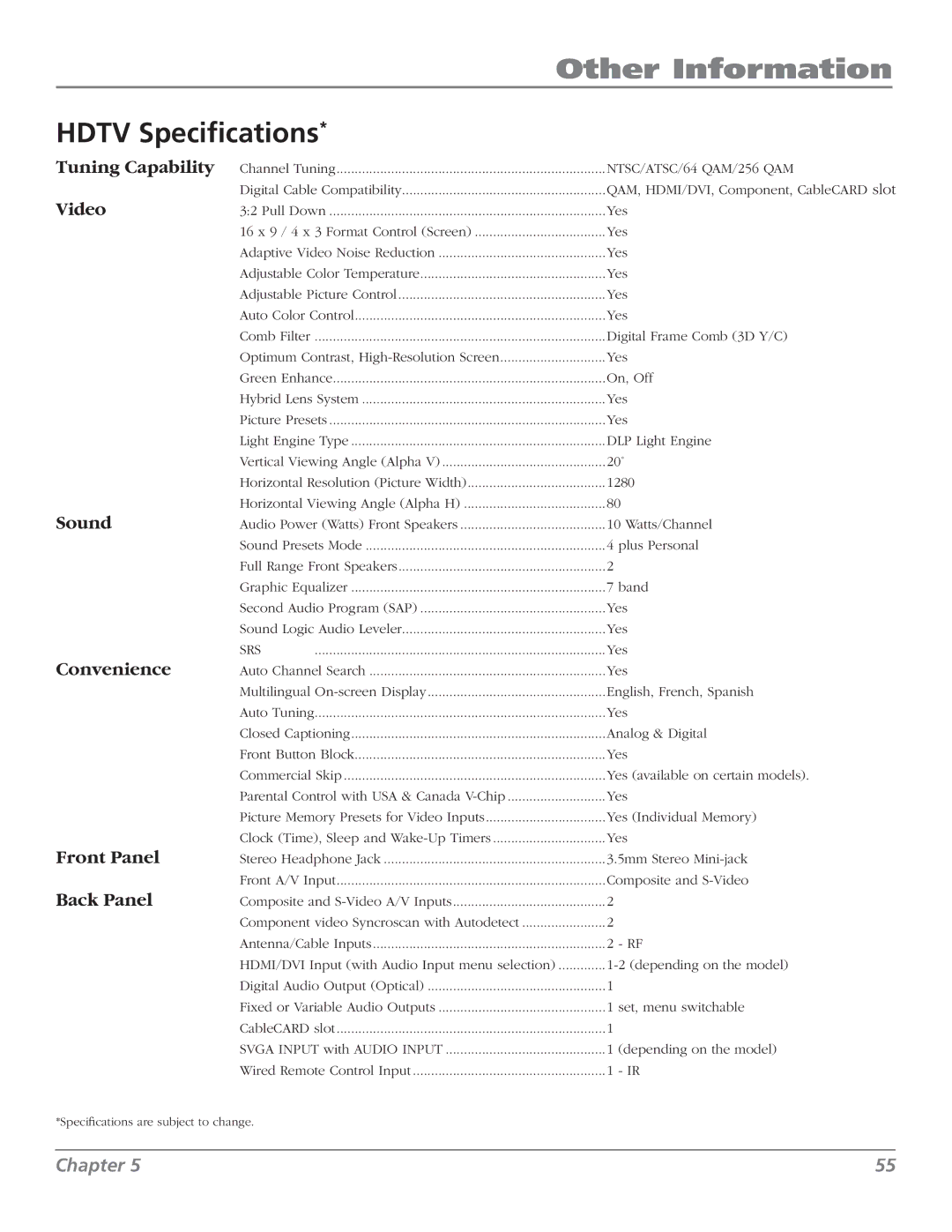 RCA M50WH187 manual Hdtv Specifications, NTSC/ATSC/64 QAM/256 QAM 