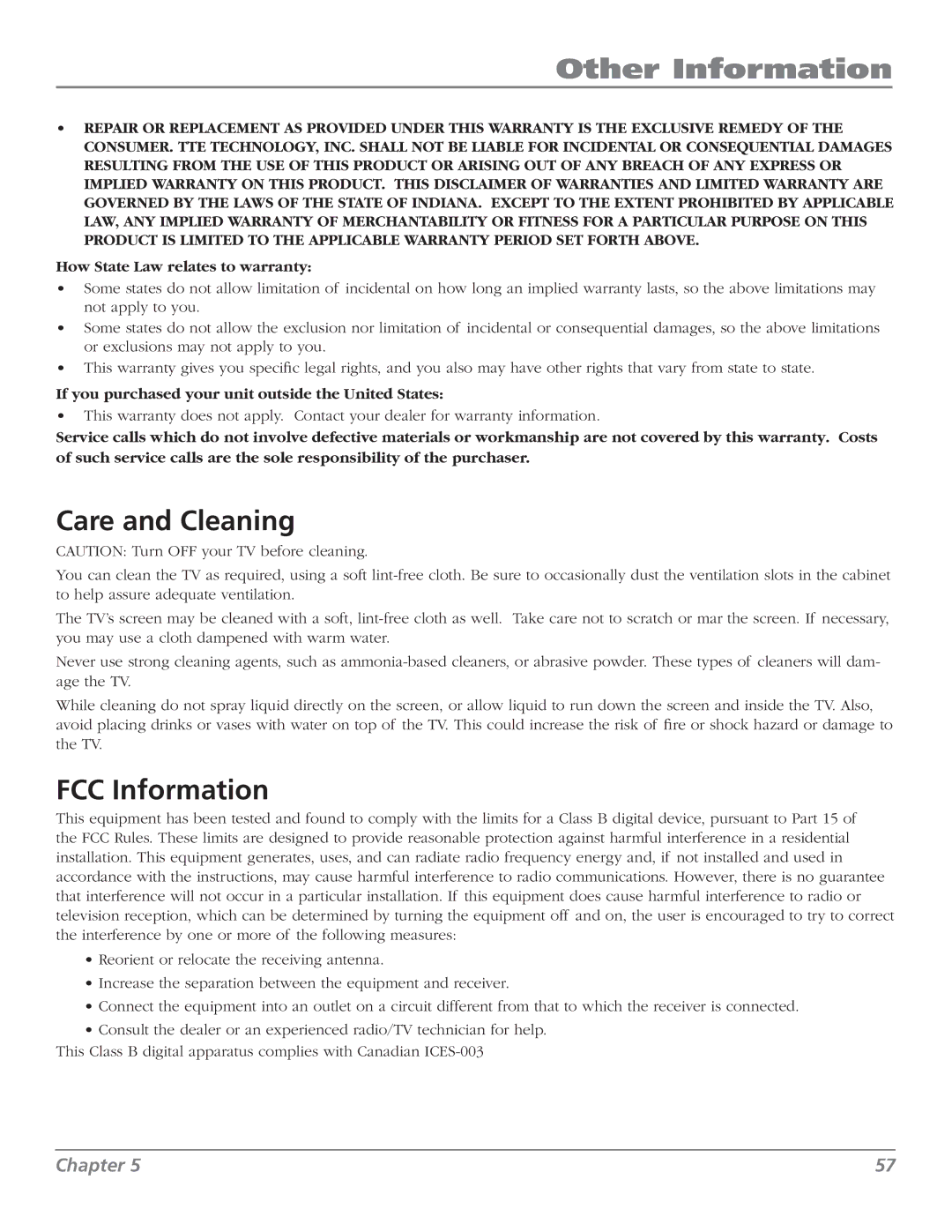 RCA M50WH187 manual Care and Cleaning, FCC Information 