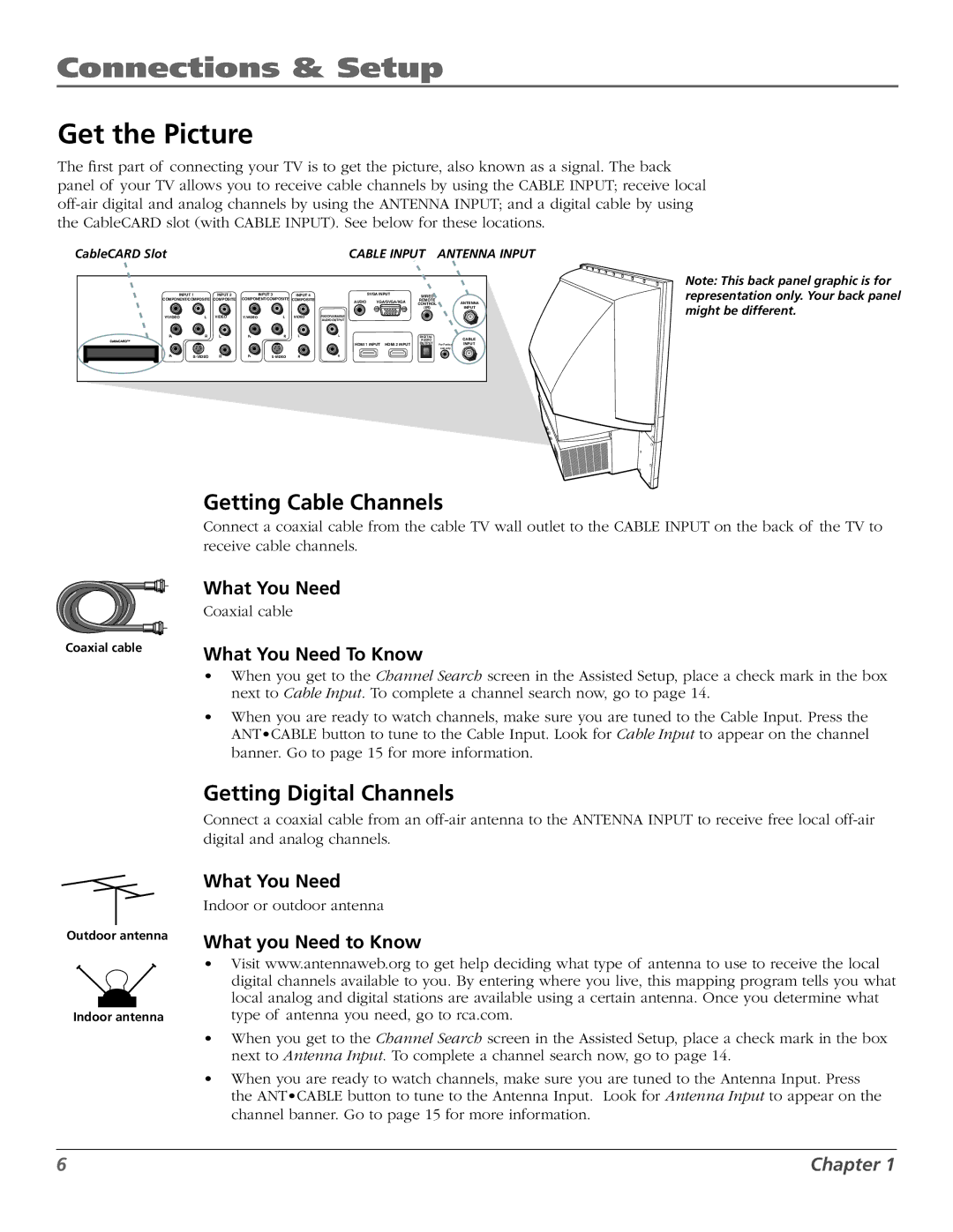 RCA M50WH187 manual Connections & Setup, Get the Picture, Getting Cable Channels, Getting Digital Channels 