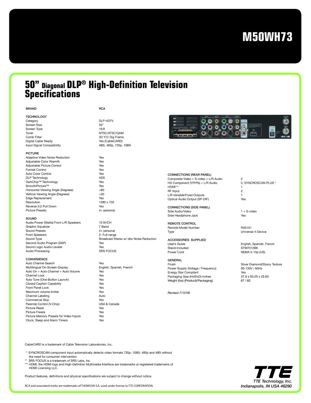 RCA M50WH73 manual Diagonal DLP High-Definition Television Specifications 