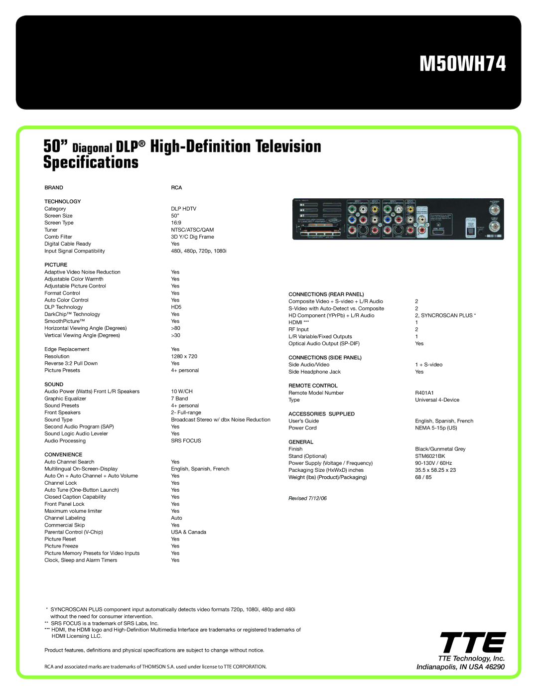 RCA M50WH74 manual Diagonal DLP High-Definition Television Specifications 